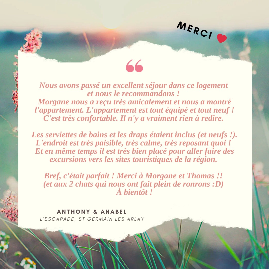 ⭐ Merci Anthony & Anabel
C’était un plaisir de vous accueillir dans L'Escapade 🥰
A très bientôt pour une prochaine escapade jurassienne 🌿
👉 Pour réserver votre séjour, contactez nous en DM.
🛜 https://www.gites-chezmorganethomas.com/
#jura #avis #commentaire #gite #merci