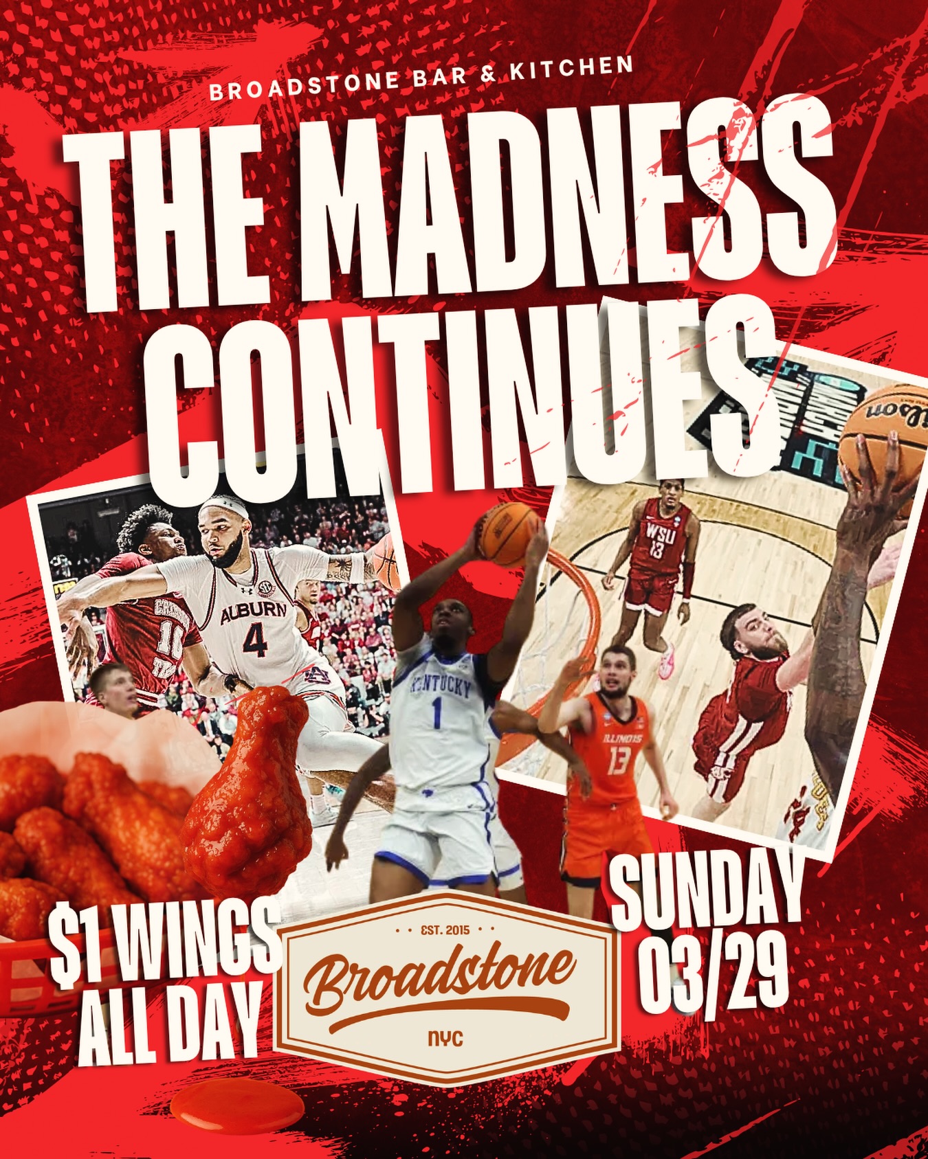 Full house vibes for Tennessee 🆚 Michigan, then straight into UConn 🆚 Duke… March Madness isn’t slowing down 🔥🏀
Pull up to Broadstone Bar & Kitchen — grab a seat, lock in, and run it back with our now-classic $1 wings while the gams heat up 🍗🍻
#MarchMadness #FiDiEats #NYCSports #GameDay #Broadstone WingsAndHoops