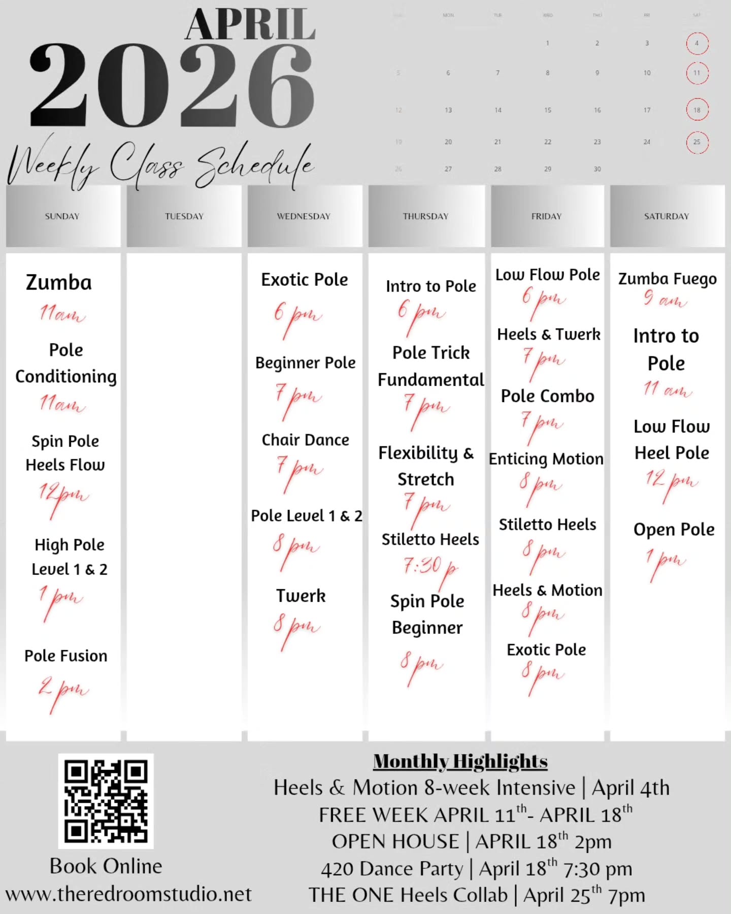 April Schedule is here 💐
April News:
✨️Heels & Motion 8-Week Intensive | April 4th • 3pm
✨️Celebrating 3 yrs FREE WEEK | April 11th- April 18th
✨️Open House "Meet Our Instructors" | April 18th • 2pm
✨️420 Dance Party | April 18th • 7:30 pm
✨️THE ONE Heels Collab | April 25th • 7pm
✨️Career Day | April 26th • 12pm
✨️Dance & Fitness Retreat | July 17th - July 19th
All information can be found online on our site www.theredroomstudio.net link in BIO for faster access.
👠8 week intensive with @heychanny bringing back the 2025 showcase Choreography with the chance to perform in the Rain Room in NYC. Find details under "COURSES" on our website.
🥳Celebrate 3 yrs running with us all week FREE starting April 11th finishing the week off with performances from our amazing instructors April 18th at 2:00 pm RSVP online.
🕺🏽420 Dance Party with @jag_campeon1010 & @zumba.melissa details online
💥THE ONE Heels Collab with @dancingwithjuju & @heychanny the ultimate Collaboration sign up online!
👩🏼🏫Career Day with @gracefulpoles come to class dressed in your sexy career outfit
July Dance and Fitness Retreat in Mt. Pocono, PA
#theredroomstudio #njdanceclasses #njdancestudio #danceworkshop #danceparty
