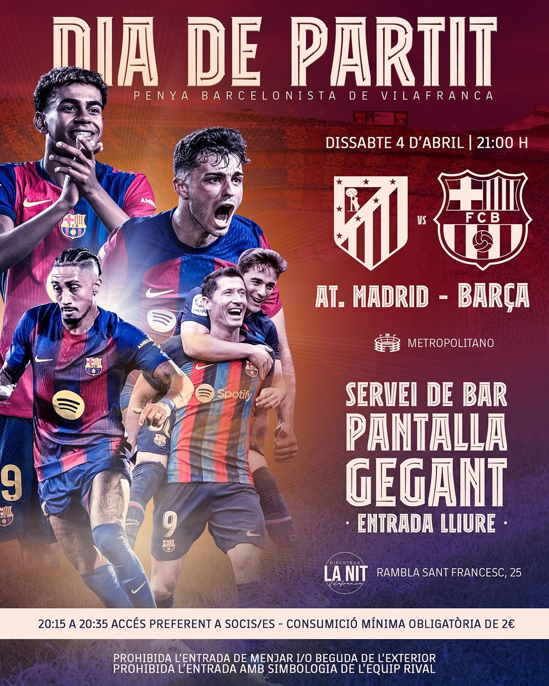 ⚽️𝘿𝙄𝘼 𝘿𝙀 𝙋𝘼𝙍𝙏𝙄𝙏⚽️
Torna la lliga a la Penya!
Ens trobem a @lanitvilafranca per gaudir del partit i animar al Barça!💪🏼
Tornem amb novetats, tant d’accés com d’activitat🔍
🍀Gràcies als nostres col·laboradors, podrem oferir sorteigs per a tots els socis i sòcies ! Per demà, premis del @mussonades i @pizzerianoucalturbo
‼️En aquest tram final de temporada per prioritzar els socis/es i garantir una bona experiència per a tothom en partits d’alta assistència funcionarem amb ENTRADA AMB CONSUMICIÓ INCLOSA DE 2€ que s’abonarà a l’accés.
👇🏼El funcionament serà el següent:
🕑20.15 – 20.35 h → Accés preferent per a socis/es
🧑🧒🧒Cada soci/a podrà entrar amb un màxim de 2 acompanyants
🟢A partir de les 20.35 h → Obertura de portes a la resta de públic (aforament limitat)
⚠️Important: per garantir l’accés, és necessari arribar dins la franja preferent.
🍔🍻Com sempre, amb pantalla gegant, servei de bar i sopars.
Som-hi Barça!🔵🔴