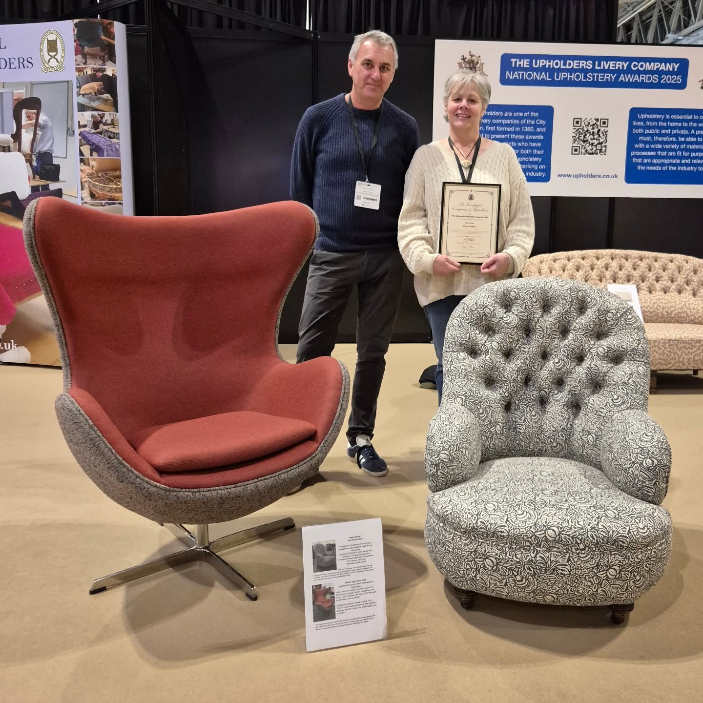 Sunday was a great day at the January Furniture Show, catching up with Tony from the South West Upholstery School and meeting the friendly and supportive people from the Worshipful Company of Upholders. It was topped off by our work being recognised with a national award from this pre-eminent body and for the dedication of Tony in making the journey to support his former student. It was a day for thanks.
#walkerandwalker #southwestupholsteryschool