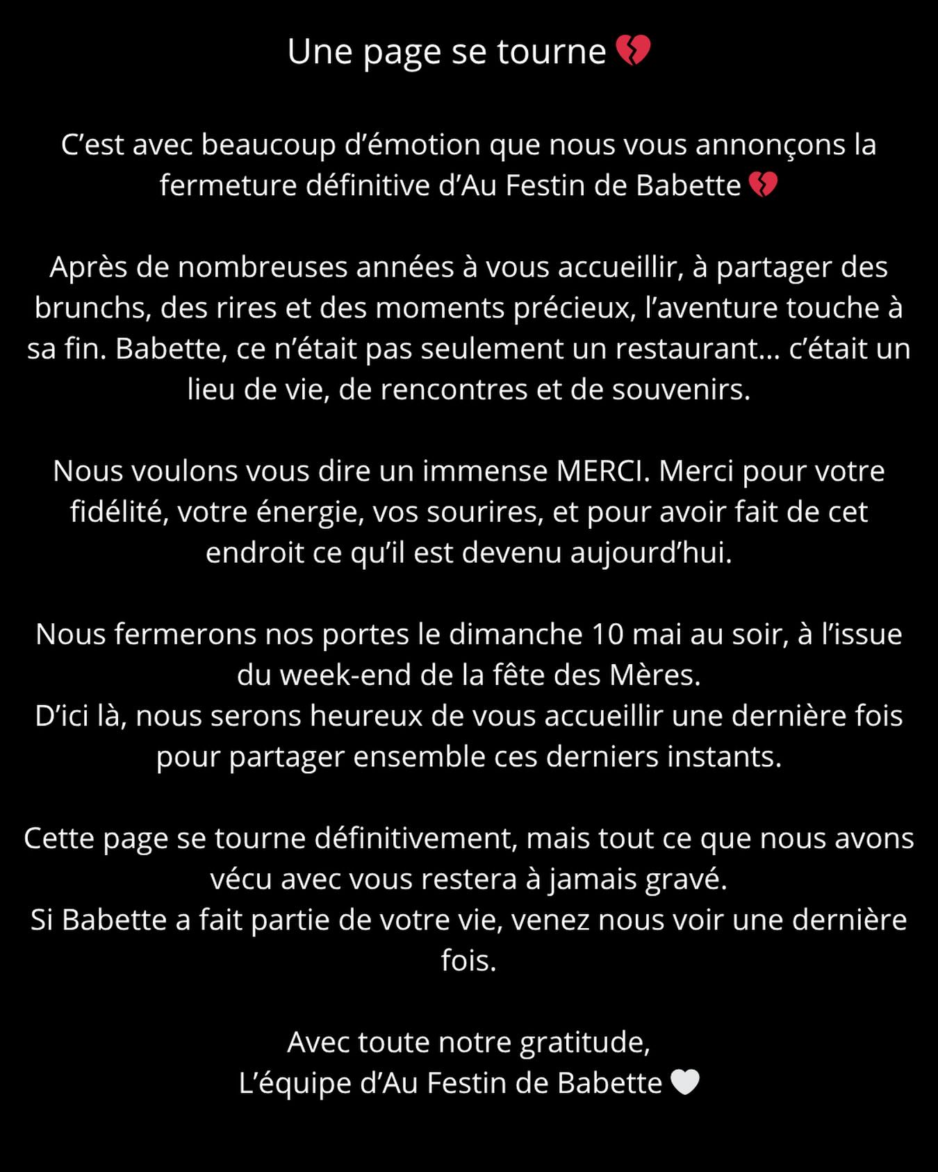Merci pour tout 🤍
Pour les brunchs, les rires, les souvenirs…
Au Festin de Babette fermera définitivement ses portes le 10 mai au soir 💔
D’ici là, on vous attend pour une dernière fois.