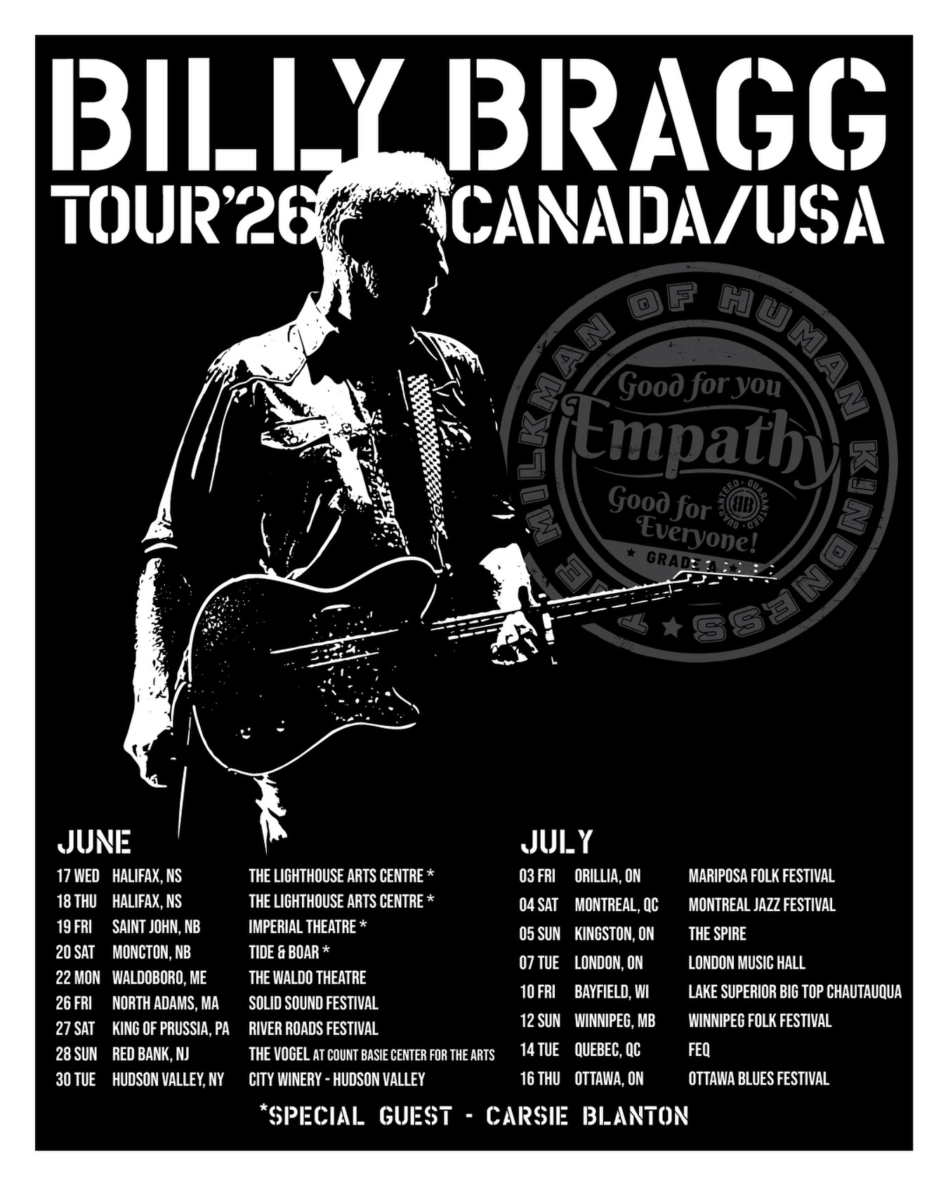 #RePost @BillyBraggOfficial:
Guess I’ll be starting my Canadian/US tour a day earlier! Due to unprecedented demand, I’ve added a second show in Halifax, Nova Scotia on 17 June.
bb
🎟️ billybragg.co.uk
#billybragg #canada #usa #carsieblanton ontour