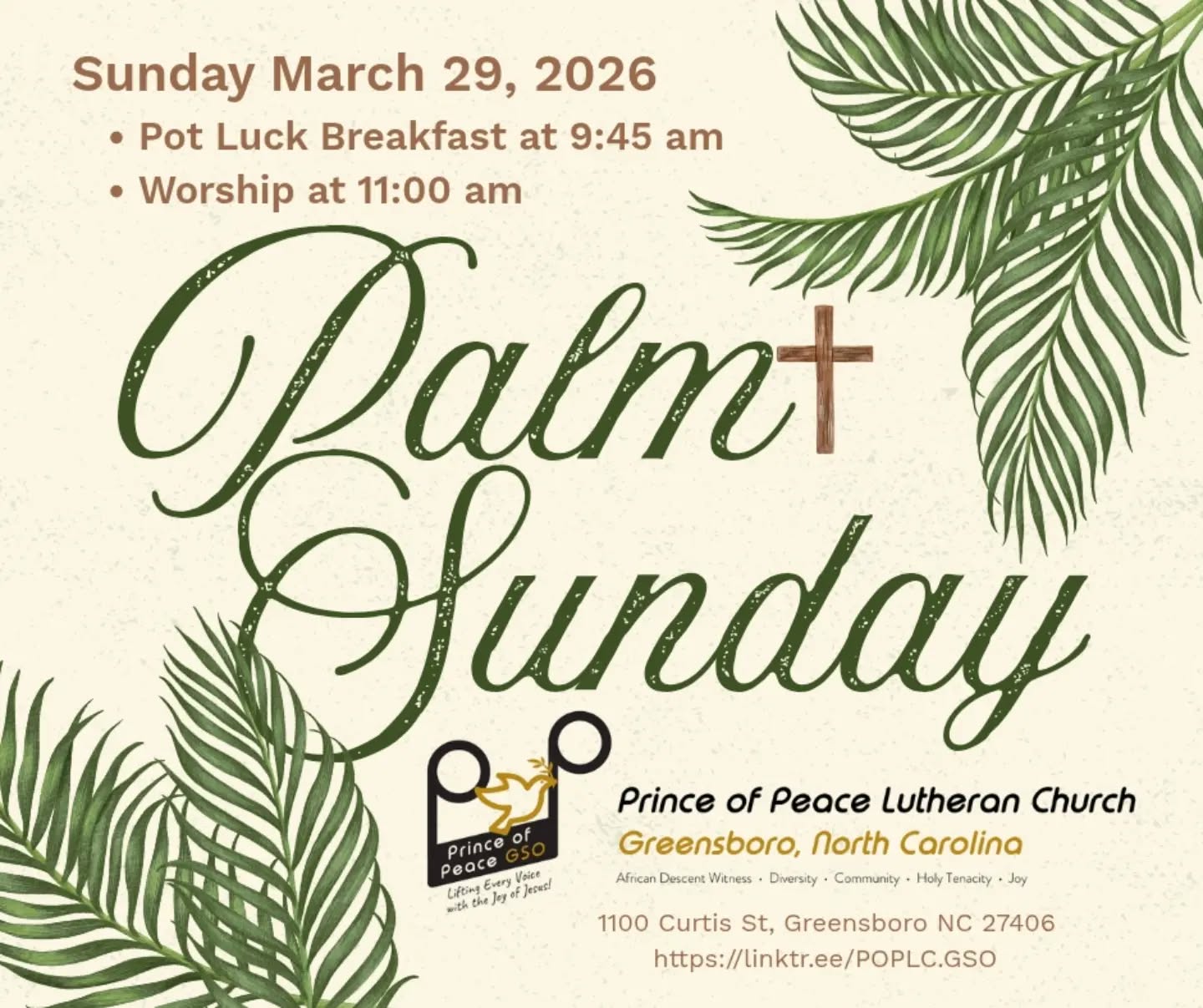 Palm Sunday at Prince of Peace:
🥞 9:45am bring your favorite breakfast item to share
✝️ 11am Worship, Children's Message, Communion
➡️ 1100 Curtis St Greensboro 27406
🖥️ Livestream - Facebook & YouTube
https://linktr.ee/POPLC.GSO
You will find the bulletin and lessons at the linktree above or in bio.