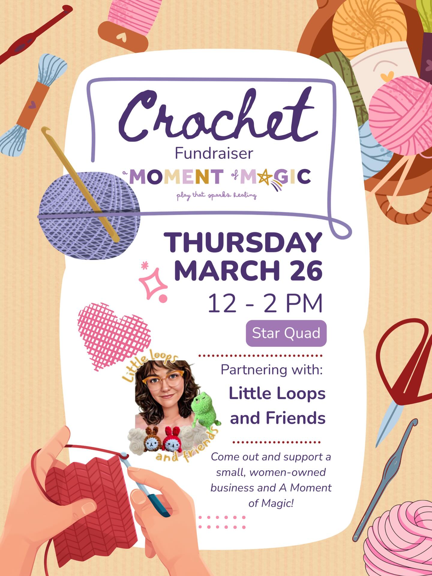 LOCATION CHANGE!!! Cuable Quad
Join us at Cuable Quad on March 26 from 12–2 as we sell crochet plushies and turn every stitch into smiles for children in need. 💜
Each handmade plushie represents comfort, joy, and a little piece of magic. Every purchase helps us continue bringing moments of happiness to the children we serve.
Come support, shop, and be part of something meaningful ✨
#supportchildren #handmadewithlove #crochetforacause #spreadmagic makeadifference