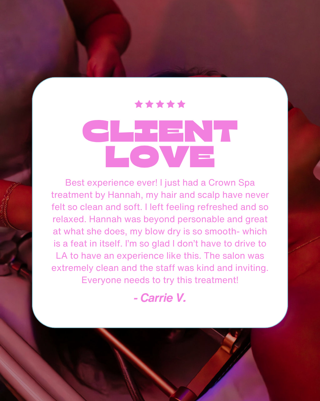 Nothing makes us happier than hearing experiences like this. 🖤
Hannah truly has a magic touch, and the Crown Spa treatment is all about that feeling: deeply relaxed, refreshed, and walking out with the softest, healthiest hair.
Thank you, Carrie, for the kind words. We love creating these moments for you. ✨
If you’ve been curious about Crown Spa, this might be your sign to book.