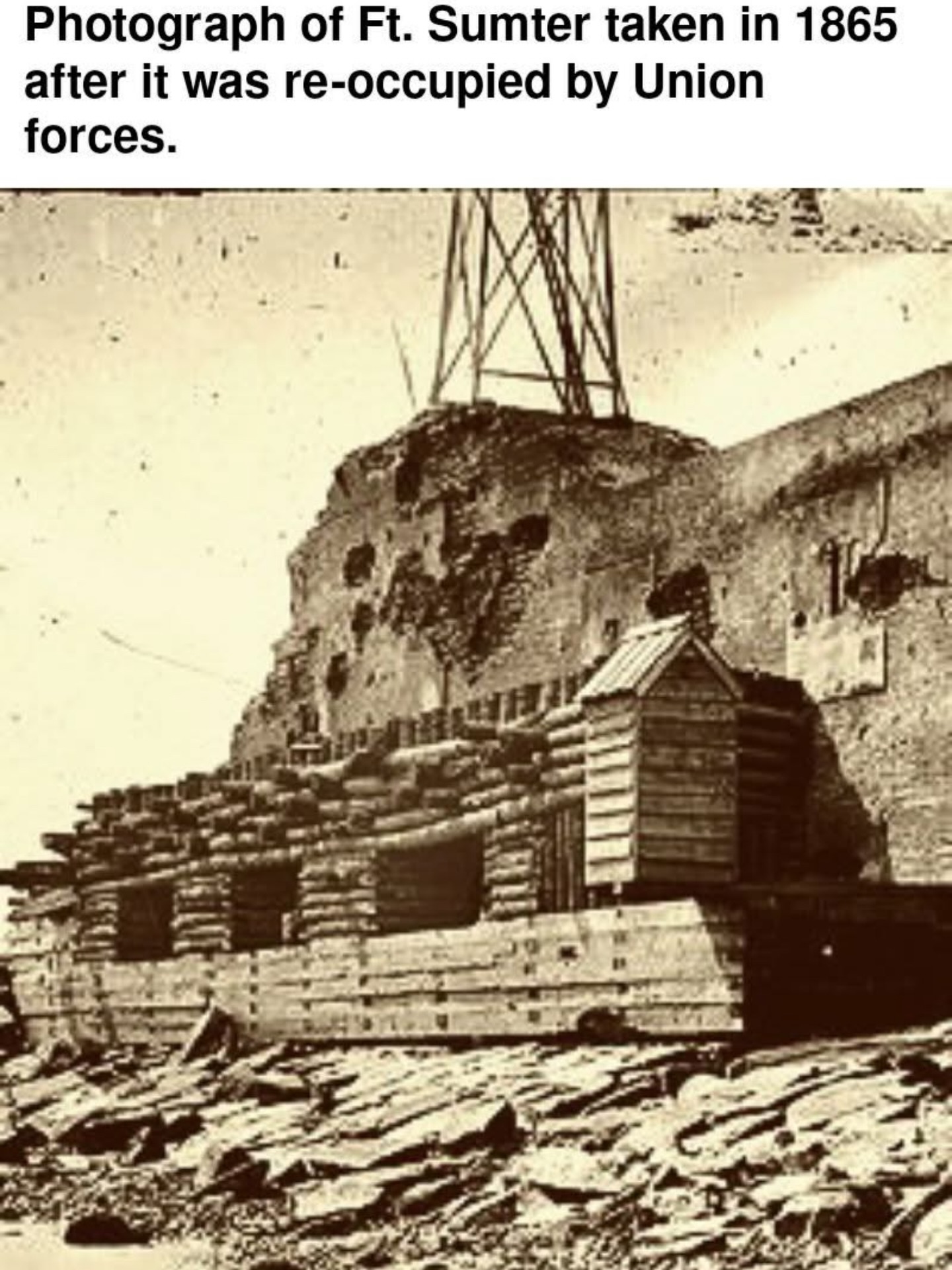 🔥Fort Sumter, 1st shot of the civil war
That’s the three gun battery bearing on the channel at Fort Sumter late in the war. The guns were in the casemates and the palmetto log embrasures provided extra protection. This was on the side of the fort that could not be hit by fire from Morris Island . The little building that looks like an outhouse is just that. It was a safe place outside the fort to do your business and the high tide flushed it clean twice daily! The photograph was taken at low tide. Thats how the photographer was able to set up and take this image.