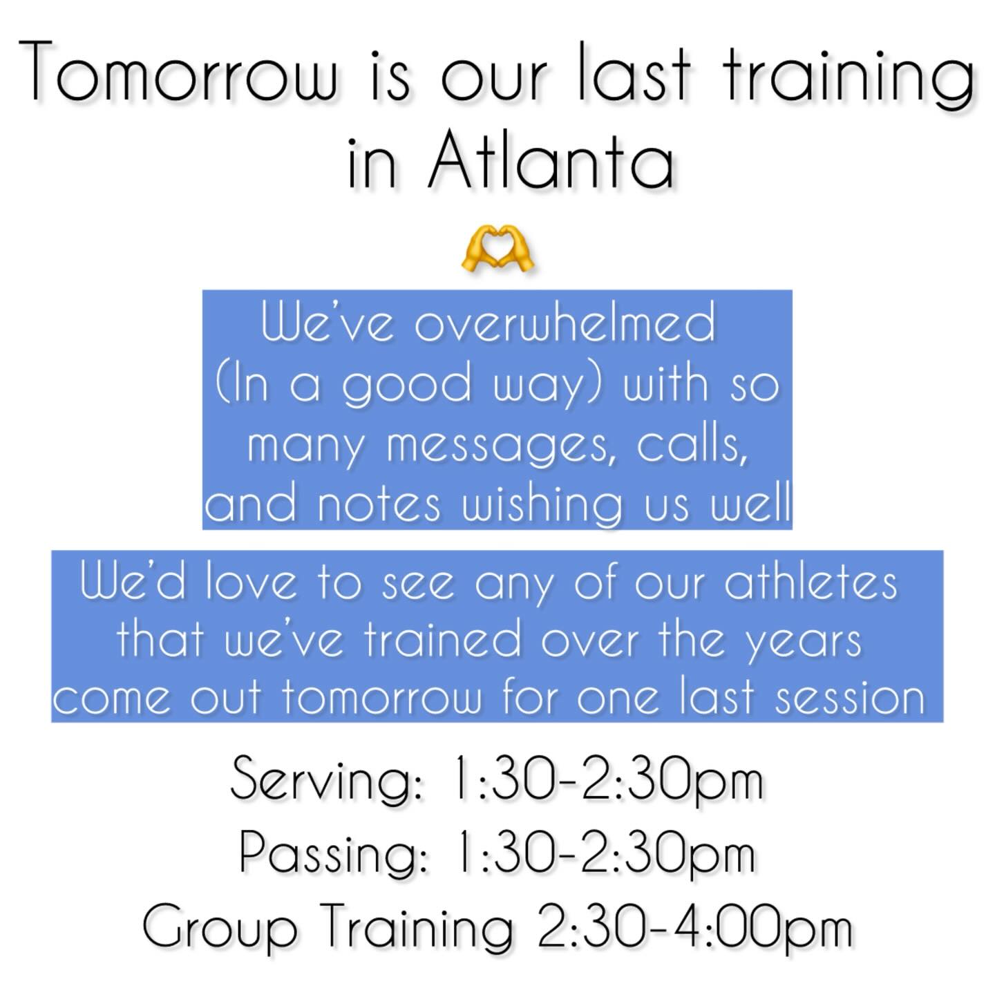✨🫶
I promise we’ll get back to everyone’s sweet messages. We’ve had an outpouring of love and support these last few days.
Come train with us tomorrow for one last time in ATL!