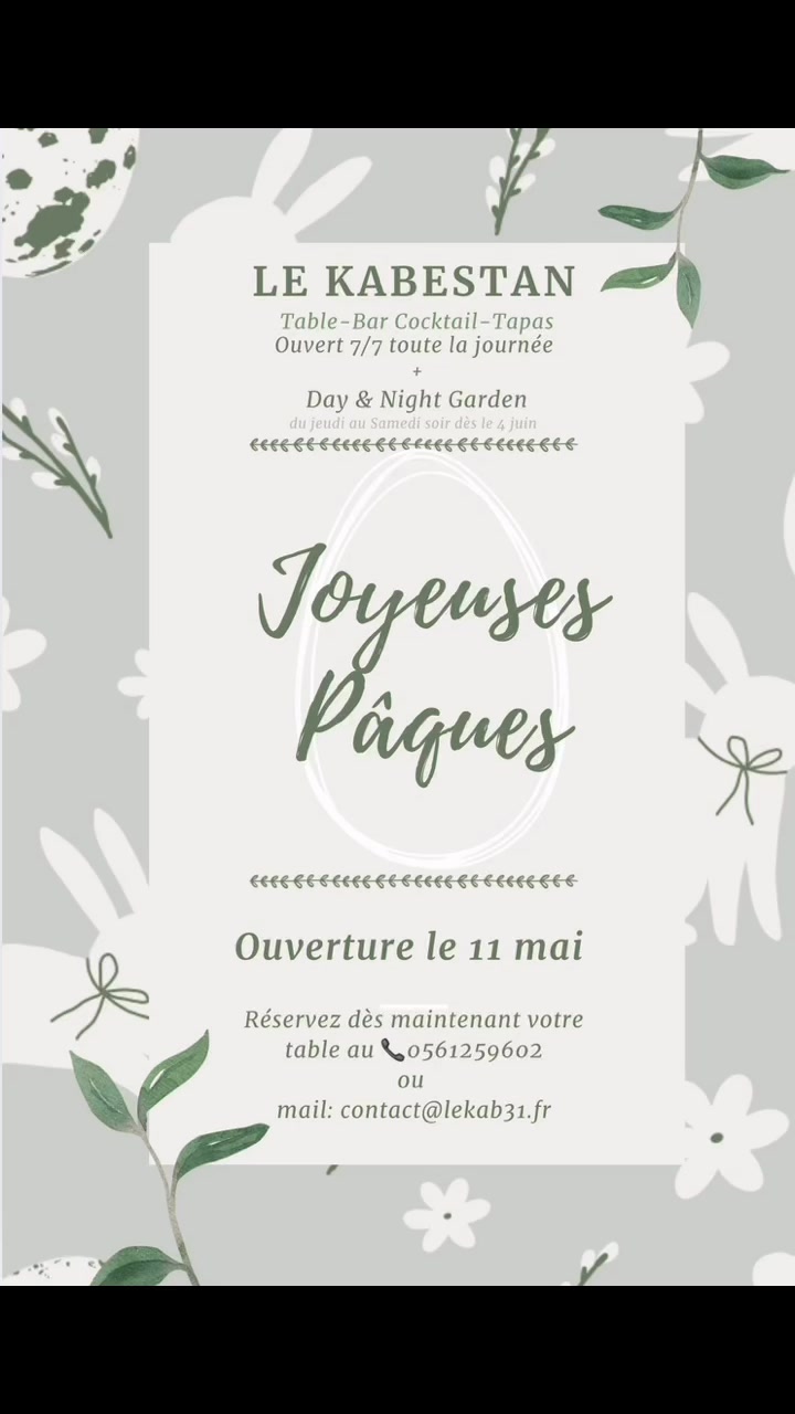 🌸Joyeuses Pâques by Kabestan🌸
Nous vous accueillons prochainement dans une ambiance douce et printanière 🌿💛
🍸Table-Bar Cocktail-Tapas
📅 Ouverture de notre restaurant le lundi 11 mai
🍽️ 7 jours sur 7, midi et soir
🕺🪩 Day & Night Garden🪩🕺
vous attend dès le 4 juin
(🎶🕺🪩Deep House)
du jeudi au samedi soir, de 22h à 2h
Pour plus d’informations concernant nos soirées à venir et toutes nos actualités, n’hésitez pas à nous contacter par mail ou par téléphone
📞 Réservez dès maintenant
05 61 25 96 02
📩 contact@lekab31.fr
On a hâte de vous retrouver pour partager de délicieux moments🥂🪩
#paques #restaurant #cocktails #tapas #GardenVibes #sortiratoulouse #foodlovers