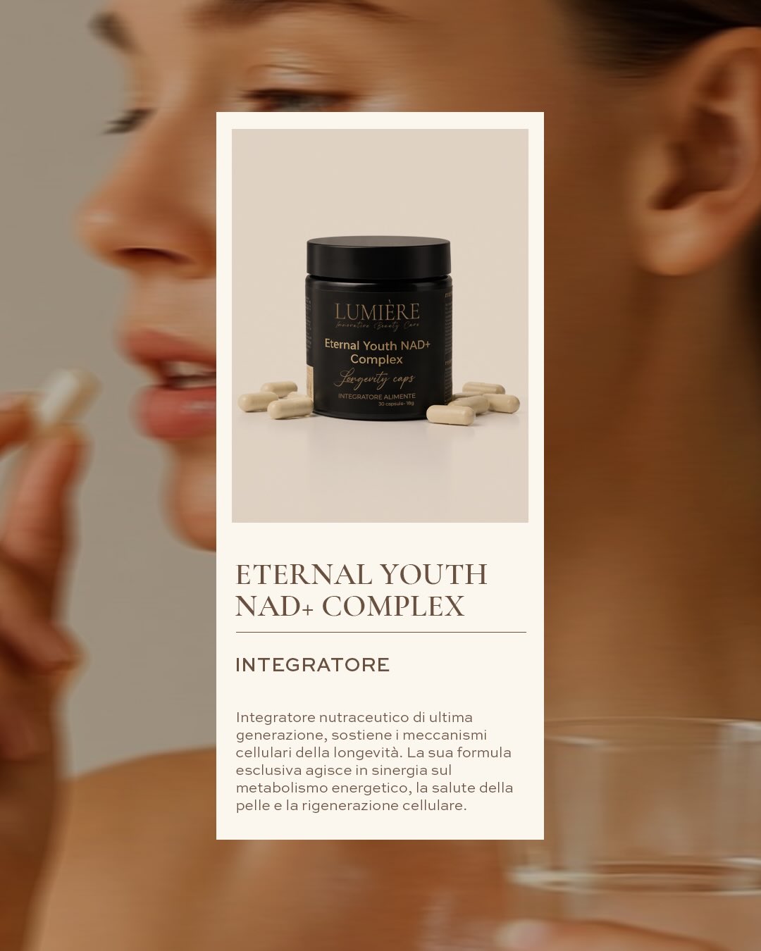 La longevità inizia dalle cellule.
Eternal Youth NAD+ Complex è un integratore nutraceutico di ultima generazione pensato per supportare i meccanismi biologici legati all’energia, alla rigenerazione e al benessere nel tempo.