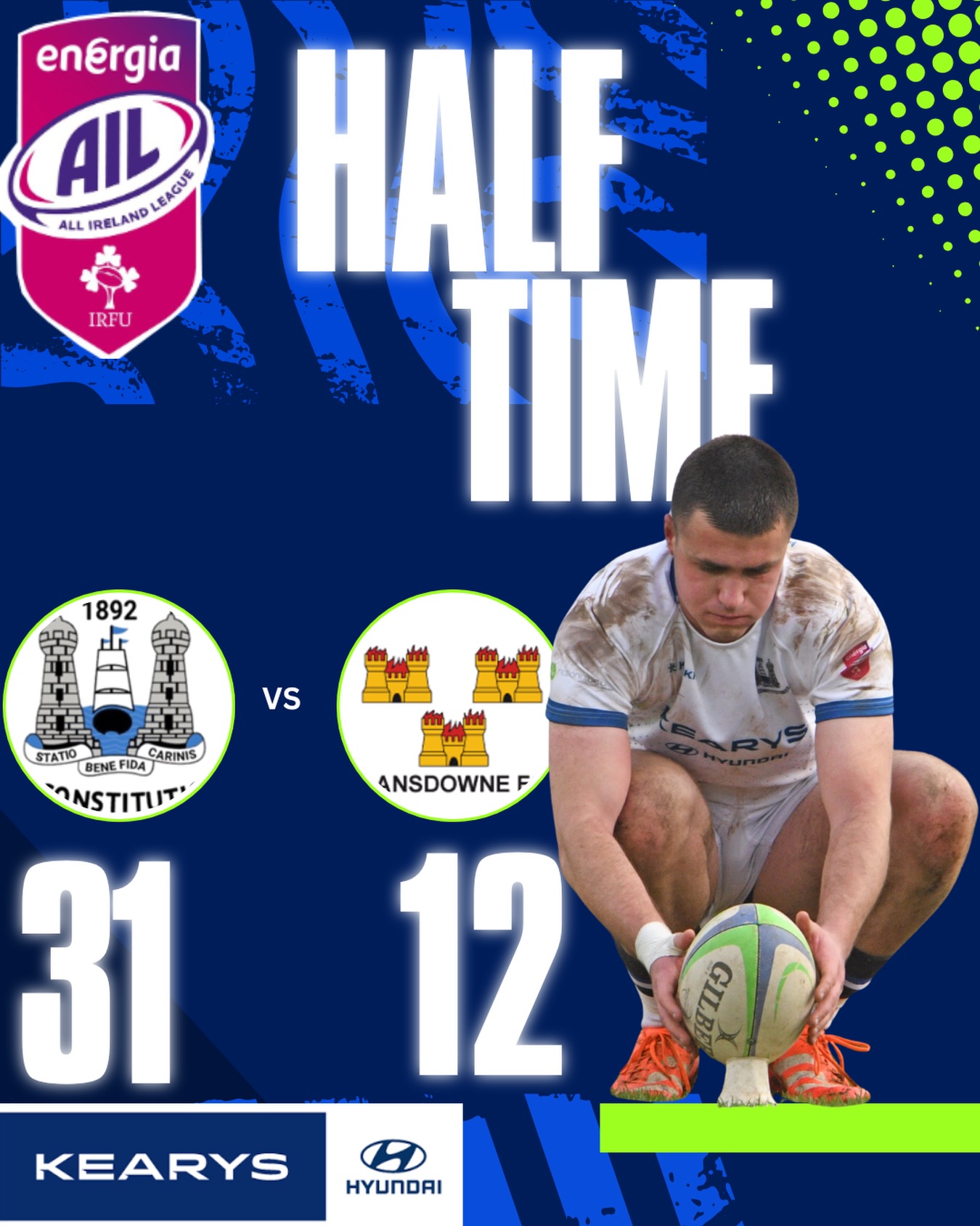 Half-Time Update – Energia AIL
Cork Constitution F.C. 31 – 12 Lansdowne FC
A windy first half at Temple Hill, with Con making good use of conditions 💨🔵⚪⚫
All to play for in the second half — let’s keep it going 💪
#UpTheCons #EnergiaAIL #PositiveEnergy