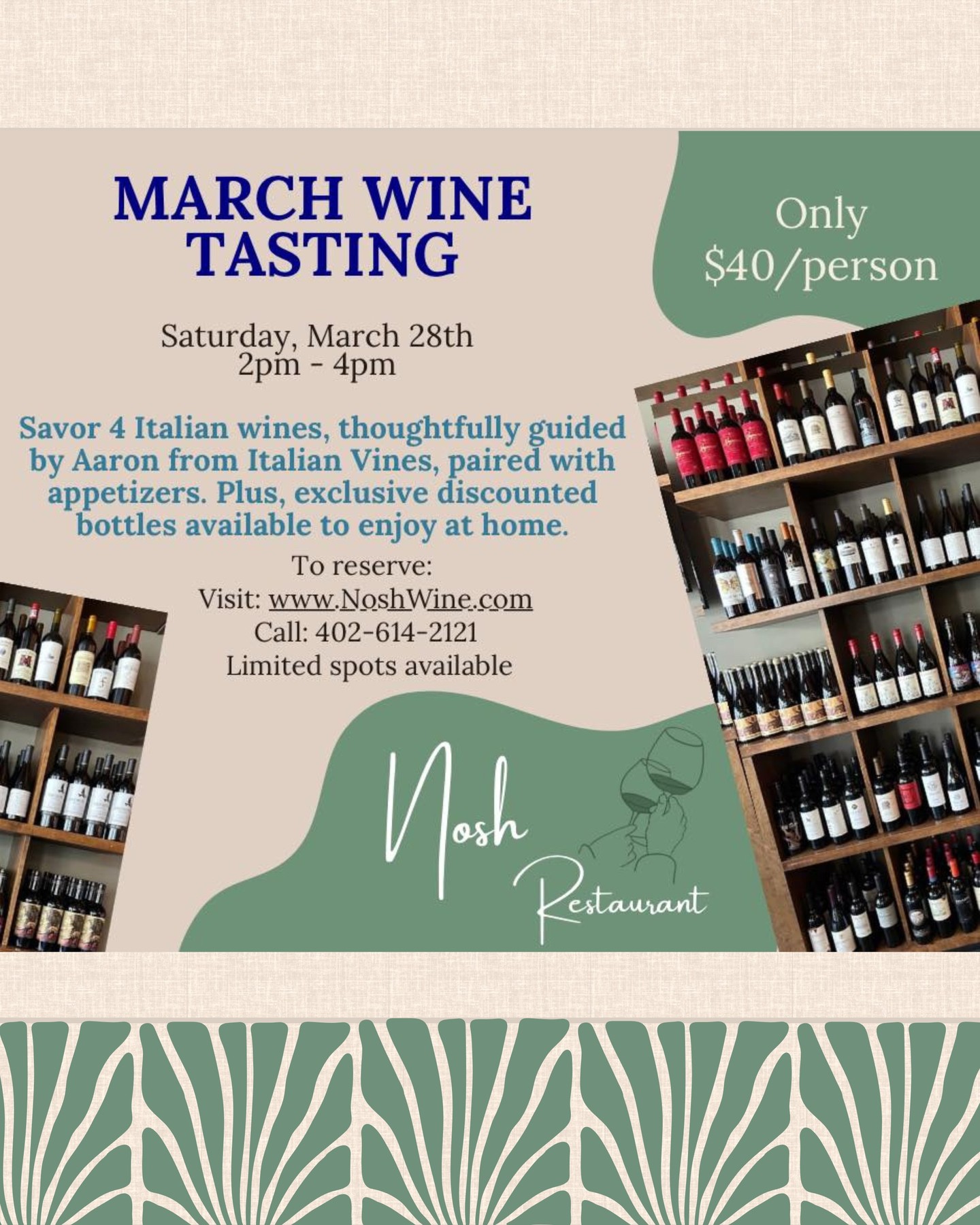 Italian wines, delicious bites, and discounted bottles — what could be better? Nosh's March wine tasting is calling your name. Join us this Saturday for just $40 a person.
Save your spot 🍷➡️ @noshrestaurantandwine