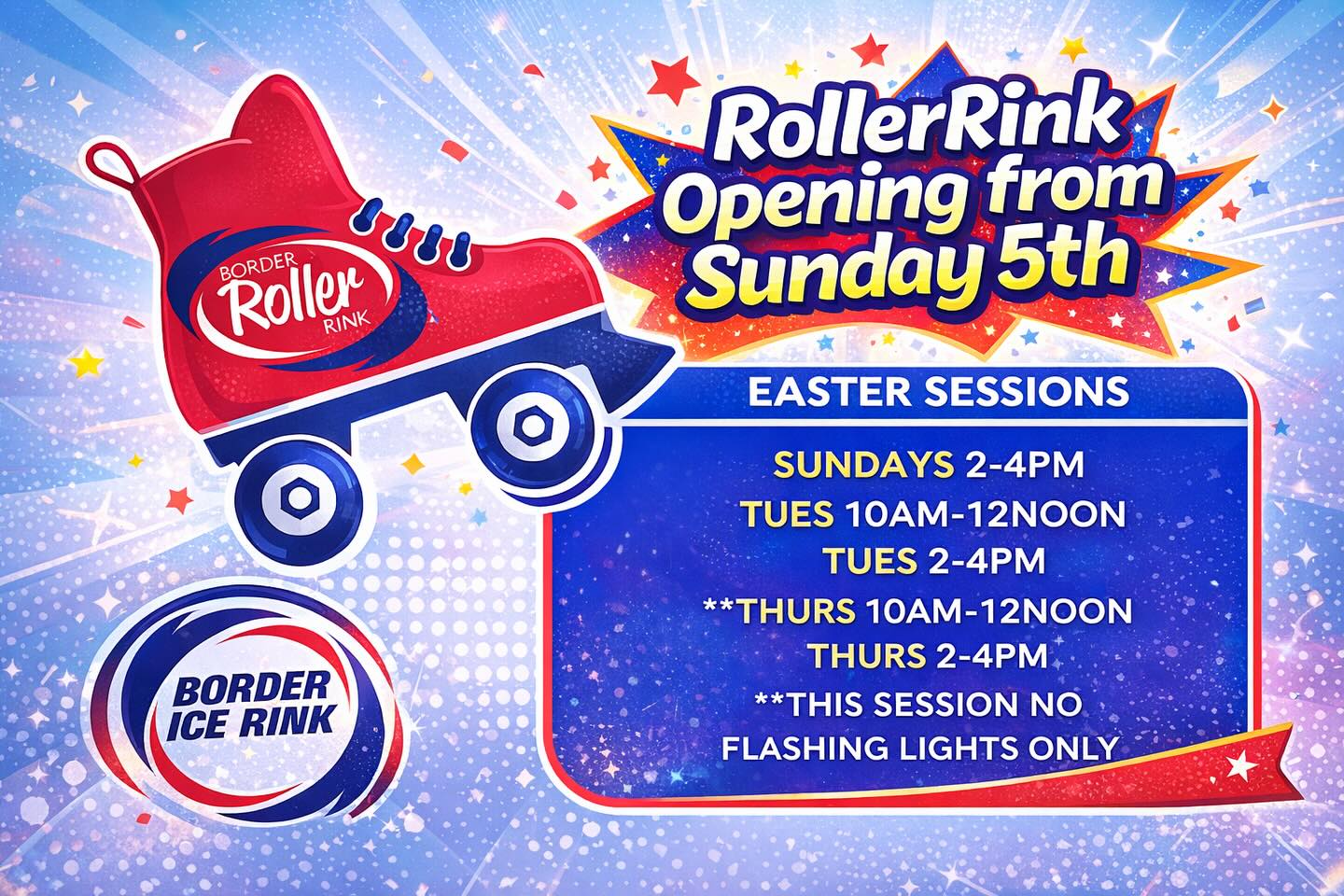 🎉🛼 BIG NEWS! 🛼🎉
Our Roller Rink is open from Sunday 5th!
Join us for our Easter Sessions and get rolling:
✨ Sundays: 2–4pm
✨ Tuesdays: 10am–12 noon & 2–4pm
✨ Thursdays: 10am–12 noon & 2–4pm
🚨 Thursday 10am–12 noon session:
No flashing lights (sensory-friendly session)
Whether you’re a beginner or a pro, come along for fun, music, and plenty of skating!
📍 Hosted by Border Ice Rink
👨👩👧👦 Fun for all ages
☕️🧁 @therinkbistronew will be open for all your tasty treats
Tag your friends and don’t miss out! 👇
#RollerRink #EasterFun #FamilyActivities