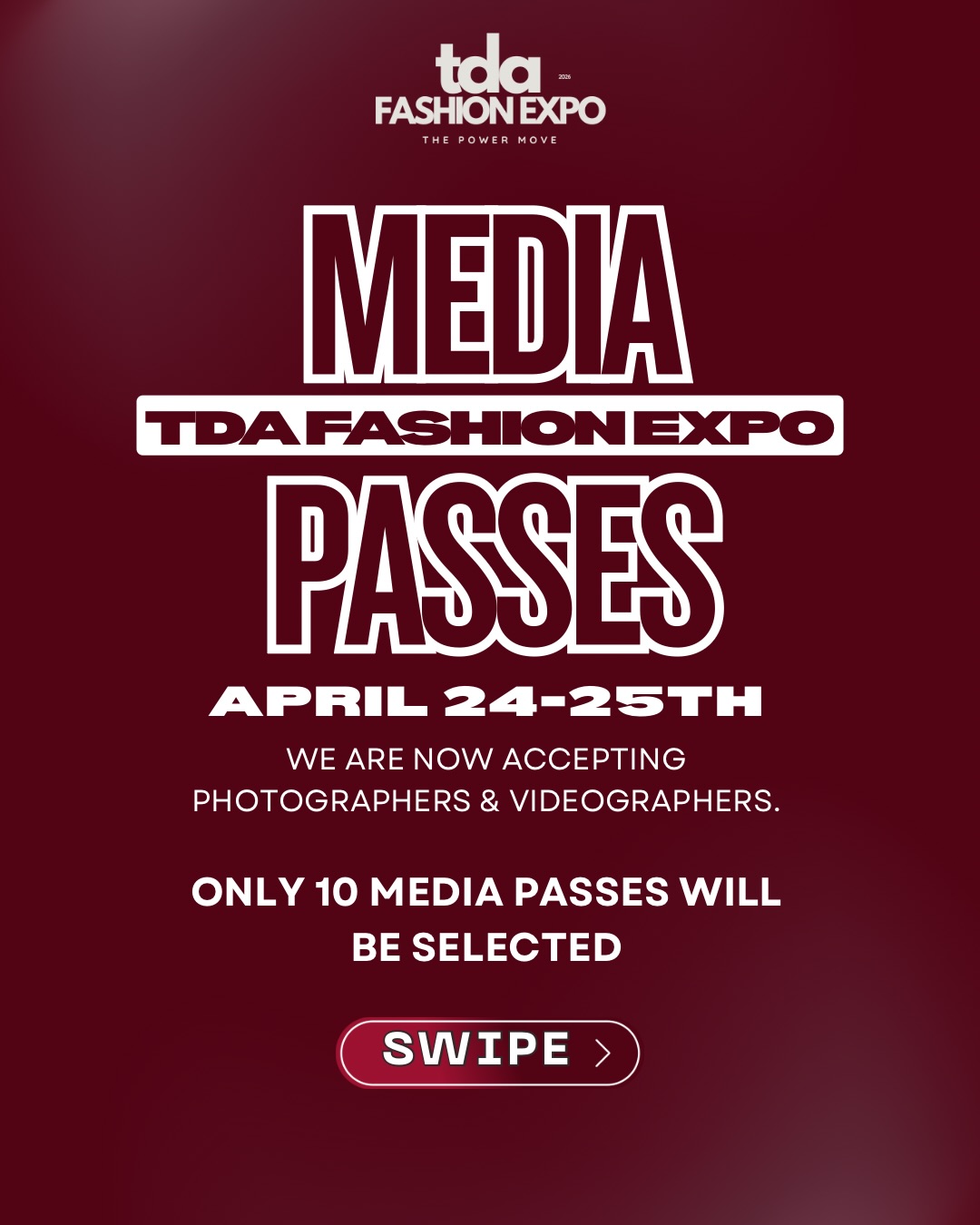 MEDIA TEAM CALL 👀📸
We are officially looking for Photographers & Videographers to cover the TDA Fashion Expo.
This is a limited opportunity — only 10 media passes will be selected.
🚨 IMPORTANT:
If you are not selected, you will NOT be permitted to bring a camera into the event. This is to respect the space and workflow of our official media team.
If you’re ready to capture a full experience — from runway to behind-the-scenes — this is your moment 🔥
📩 Apply now
#TDAFashionExpo
#MediaPass
#Photographers
#Videographers
#EventMedia