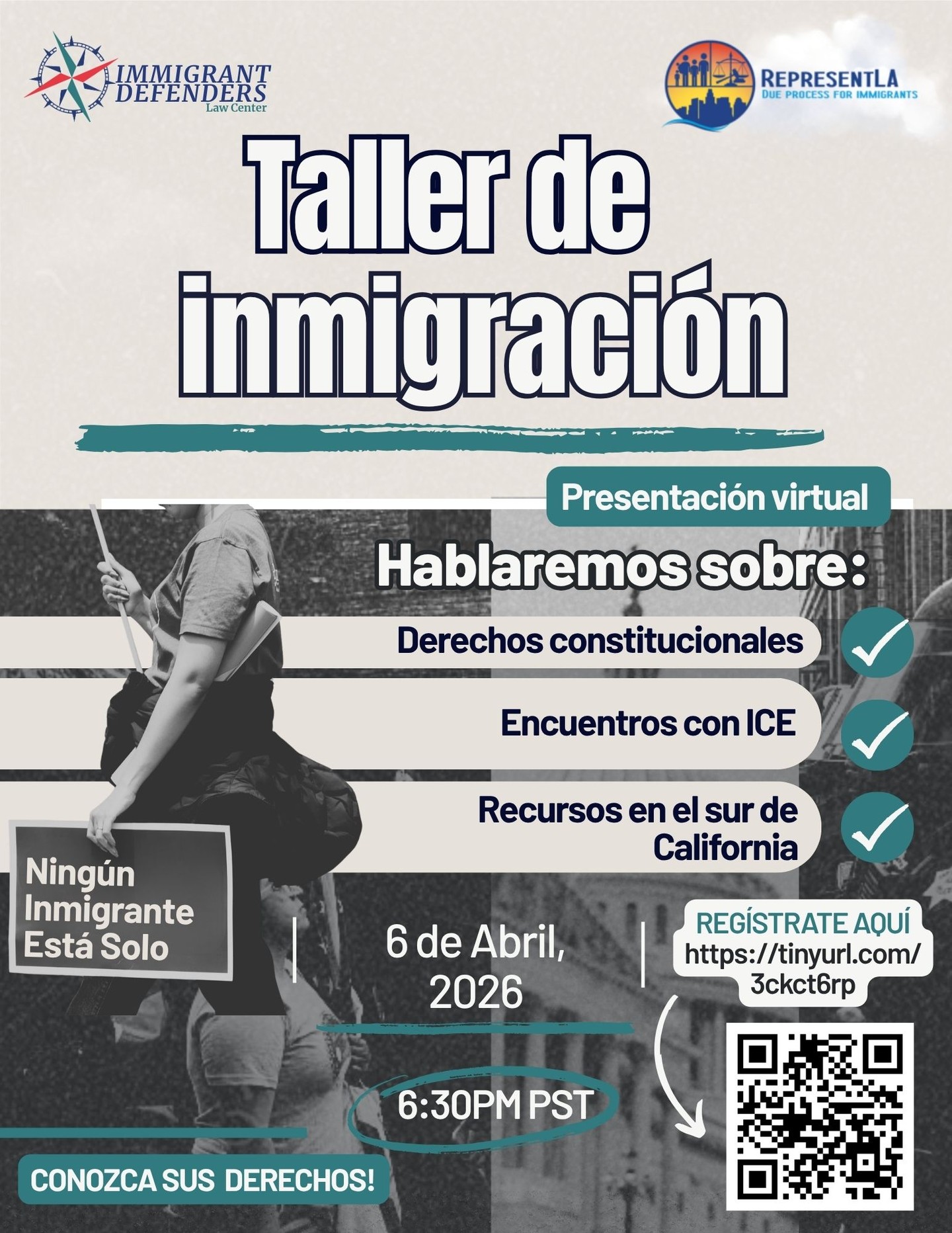 Tus derechos no desaparecen en momentos de temor.
¿Te preocupa cómo defender tus derechos constitucionales durante un encuentro con ICE? Asegúrate de inscribirte en nuestro seminario web virtual mensual sobre "Conoce Tus Derechos". En colaboración con #RepresentLA, te traemos la información más reciente sobre derechos de inmigración y cubrimos temas como:
✅ Derechos constitucionales
✅ Encuentros con ICE
✅ Recursos en el sur de California
El conocimiento empodera y protege. ¡Sin importar tu estatus migratorio, los derechos constitucionales se aplican a todos!
Haz clic aquí para registrarte: ➡️https://tinyurl.com/3ckct6rp
…
Your rights don’t disappear in moments of fear.
Worried about how to stand up for your constitutional rights during an encounter with ICE? Make sure to sign up for our monthly virtual Know Your Rights webinar. In collaboration with #RepresentLA, we bring you the latest information on immigration rights and cover topics like:
✅ Constitutional Rights
✅ Encounters with ICE
✅ Southern California Resources
Knowledge empowers and protects. No matter your immigration status, constitutional rights apply to everyone!
Click here to register: ➡️ https://tinyurl.com/kzztaynw
#ImmDef #ImmigrantDefenders #ImmigrantRights #KnowYourRights #KYRWebinar