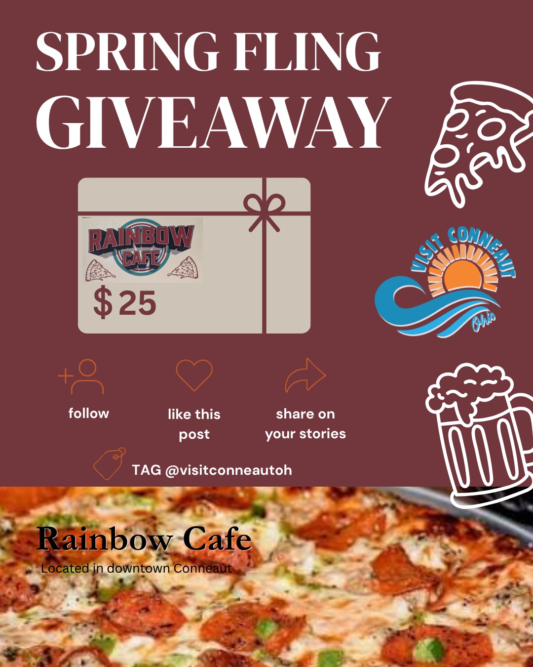💐SPRING FLING GIVEAWAY💐
✨You could win a $25 Gift Card to Rainbow Cafe!✨
Rainbow Cafe is a cherished local eatery known for its delightful menu featuring expertly crafted pizzas and hearty comfort foods. The inviting atmosphere complements the culinary experience, making it a favorite stop for both residents and travelers.
📍263 Main Street, Conneaut, OH 44030
HOW TO ENTER ✨
1️⃣ LIKE this post
2️⃣ FOLLOW @rainbowcafe_ohio and @visitconneautoh
3️⃣ SHARE this post to stories + TAG @visitconneautoh
IMPORTANT INFORMATION ✨
• Must be 21 years of age or older to enter
• Giveaway period ends Tuesday, April 21st 2026 at 11:59 PM EST
• Winner will be announced here and be contacted via direct message from this @visitconneautoh account only
• Note: We will never ask for personal or financial information. Be diligent and protect yourself from scams!
• This giveaway is not sponsored, endorsed, administered by, or affiliated with Meta, Facebook, or Instagram
Brought to you by the Conneaut Visitors Bureau @visitconneautoh
⭐Good luck!⭐
#visitconneaut #visitconneautoh #rainbowcafe #giveaway