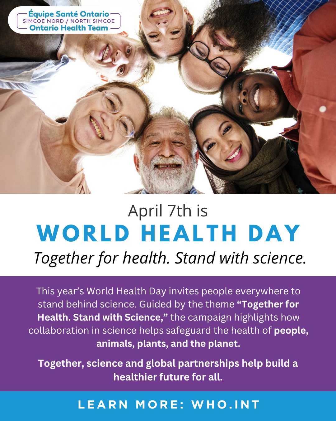 🌍 April 7 is World Health Day
This year’s theme, “Together for health. Stand with science,” highlights how collaboration and evidence-based care help protect the health of people, animals, and the planet.
Together, we can build a healthier future for all.
Learn more: who.int
#WorldHealthDay #StandWithScience #HealthEquity #PublicHealth #NSOHT #HealthyCommunities #OHT #OntarioHealthTeam