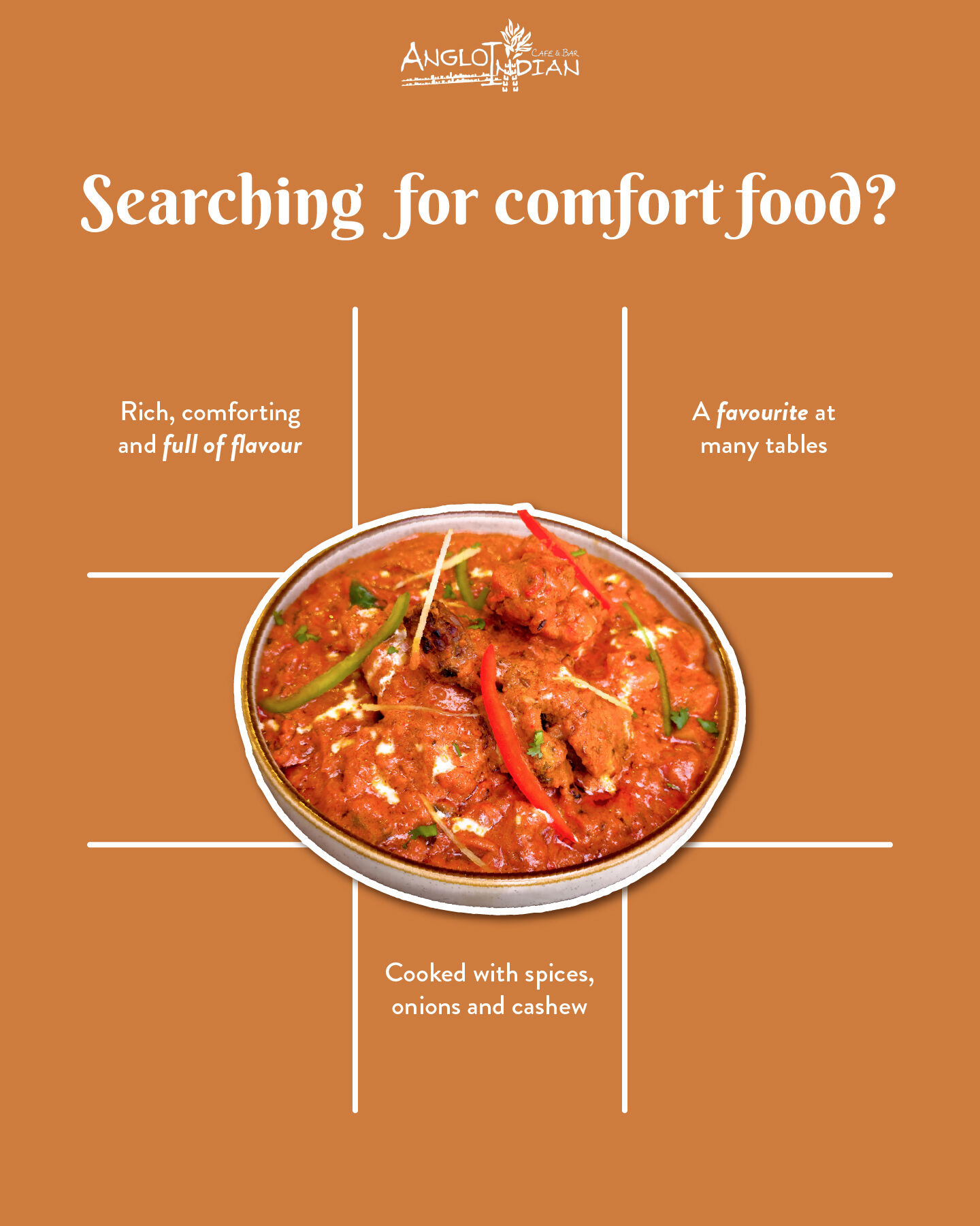 Searching for something comforting tonight?
Chicken Amritsari Masala.
Rich, flavourful, and cooked with onions, spices and cashew — a dish that’s become a favourite at many tables.
Only at Anglo Indian Café & Bar, CHIJMES.
—
Anglo Indian Cafe & Bar
📍 1 Shenton Way, #01-08, Singapore 068803
📞 6636 9411
📍 30 Victoria St, #01-13 CHIJMES, Singapore 187996
📞 6873 2750
📍 5 Straits View, #01-10 Marine One West Tower, Singapore 018935
📞 6284 2990