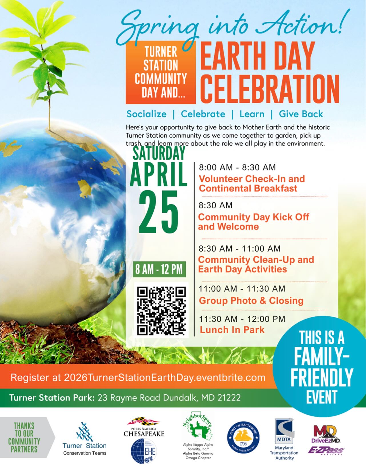 Celebrate Earth Day by giving back to nature.
Join us rain or shine on Saturday, April 25,2026, from 8 am-12pm, in the beautification of the historic town of Turner Station, MD, by participating in a town-wide community clean-up and earth day activities, followed by lunch in the park. This event is open to all members of the community, local civic association, church, or other community organizations and is family-friendly.
In collaboration with community partners:
Turner Station Conservation Teams, Inc.
Alpha Beta Gamma Omega Chapter, Alpha Kappa Alpha Sorority, Incorporated ®️
Environmental Health and Engineering Student Organization (EHESO) from Johns Hopkins University
NeighborSpace of Baltimore County
Maryland Port Administration
Maryland Transportation Authority
Ports America Chesapeake
Theta Mu Mu, Omega Psi Phi Faternity Inc.
Questions regarding Turner Station’s Community Day and Earth Day Celebration should be directed to Edythe Brooks, Board Member of the Turner Station Conservation Teams, Inc. at edythebrooks@comcast.net.
We look forward to seeing you on Earth Day!