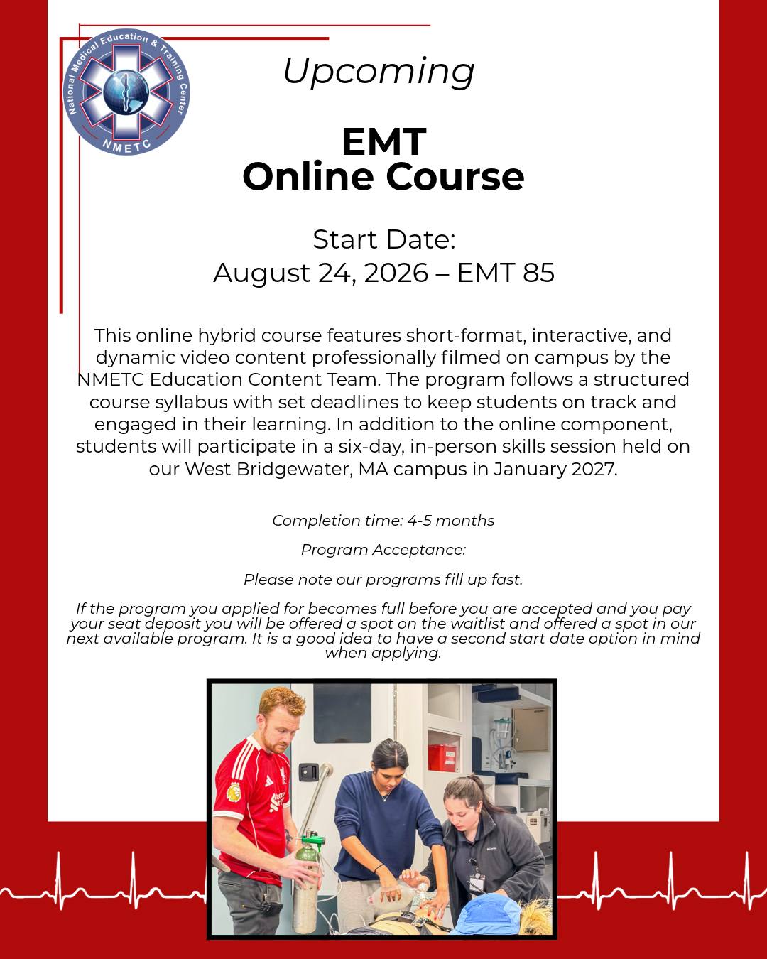 Do you want to become an EMT? Then, consider applying for our next EMT course starting August 24, 2026. Applications can be found at our website, www.nmetc.com
#NMETC #firstresponders #EMS #emergencymedicalservices