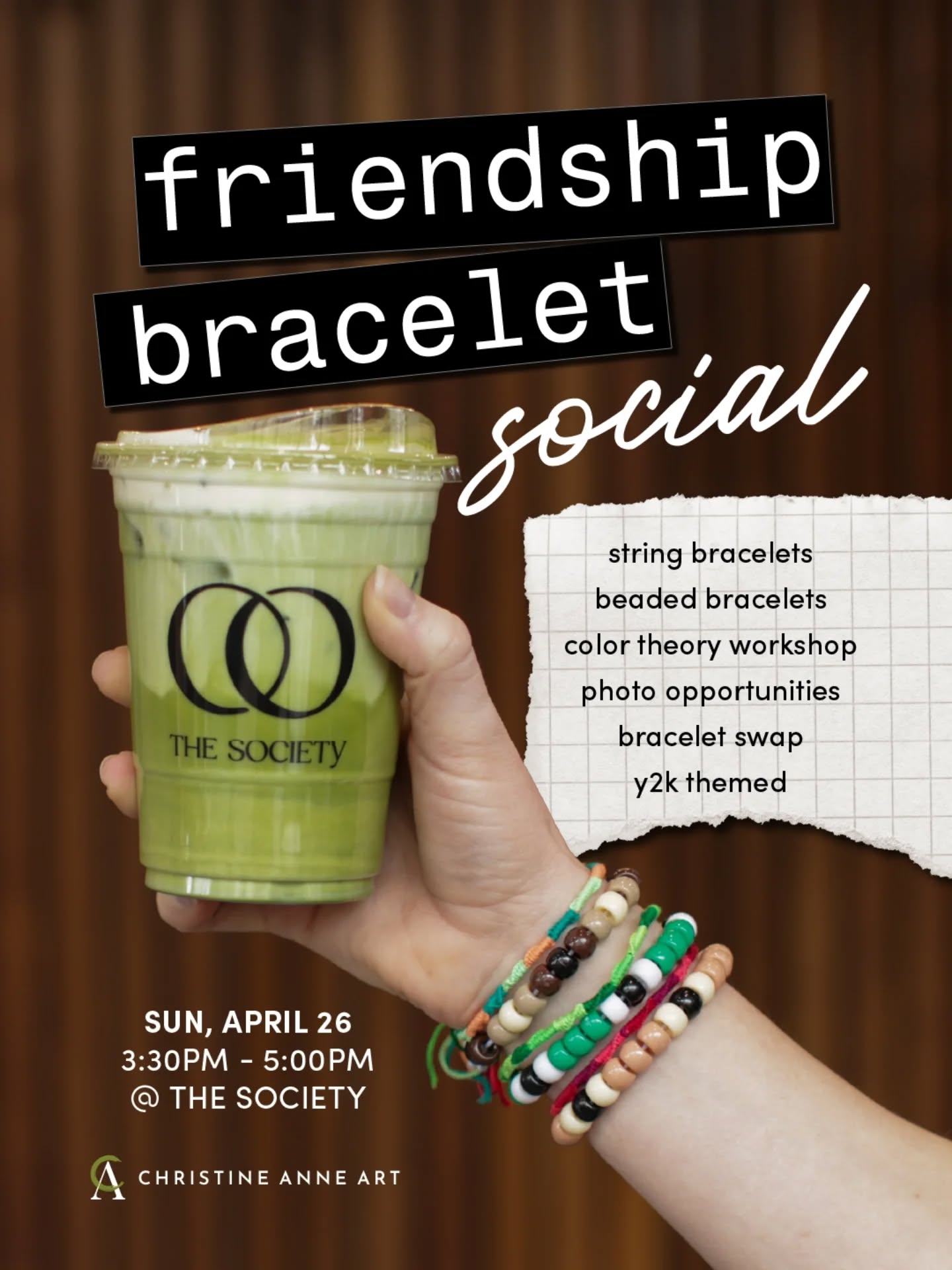 Tickets are live!
Join me for a Y2K-themed friendship bracelet social on April 26 at The Society.
We’ll start with a short color theory session, then create intentional bracelets from curated palettes.
At the end, swap one bracelet and a note with a stranger or a new friend, and leave with something meaningful! (Don't forget to make a few extra to take home!)
$20 per person
Tickets available on The Society website (and link in bio)