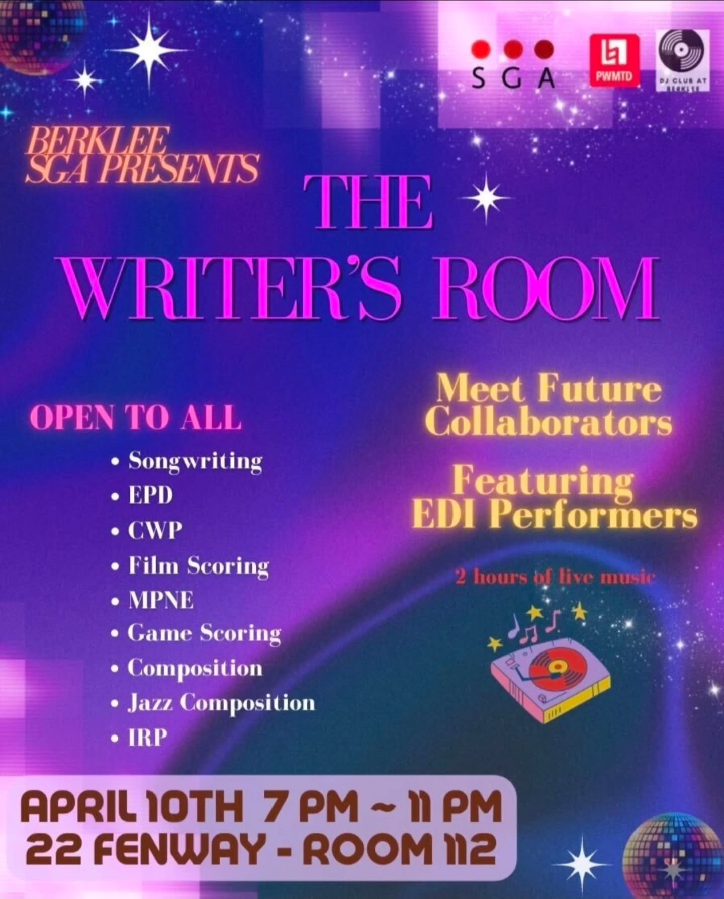 Are you in a Writing or Tech major? Step into the Writers’ Room to meet future collaborators, catch 2 hours of live EDI/DJ sets, and enjoy food, drinks, and fun! 💜🪩✨️ You don't wanna miss it! Open to all! :)