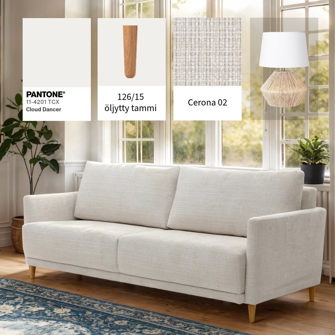 Tunnelmataulu kodin sisustukseen 🤍
Yhdysvaltaisyhtiö Pantone on valinnut vuoden 2026 väriksi valkoisen sävyn nimeltään Cloud Dancer. Ihania valkoisia ja vaalean sävyisiä vaihtoehtoja löytyy myös verhoilukankaista, kuten tämä Cerona 02.
Sohva: Scandic 3-istuttava vuodesohva
Verhoilu: Cerona 02
Valaisin: Addie pöytävalaisin, luonnonvaalea / valkoinen (@maskun_kalustetalo)