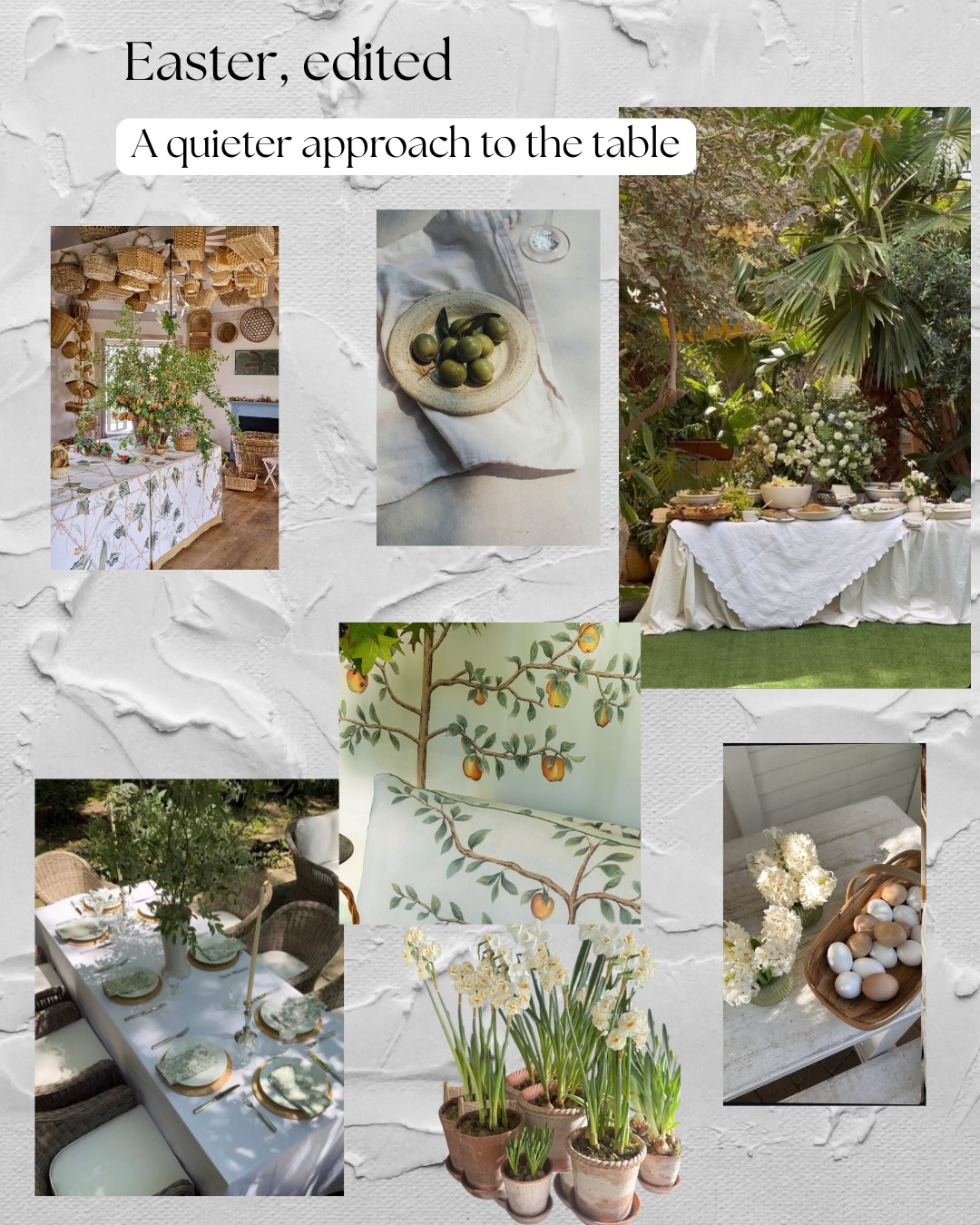 Easter, edited.
I’ve always been drawn to a quieter table
less about the holiday itself, more about the tone it sets.
Soft greens, layered neutrals, and materials that feel natural and lasting.
Linen, stone, glass, wood.
I’m often reminded of the work of @bunnymellon2020
a sense of ease, restraint, and a connection to the garden that never feels forced.
I first came across her work years ago at a designer showcase in Nantucket. Her collaboration with @degournay has stayed with me since.
When I host, I keep it simple
a couple of drinks, something small for the children,
and an Easter egg hunt to follow.
Nothing overly styled.
Just a table meant to be lived in.