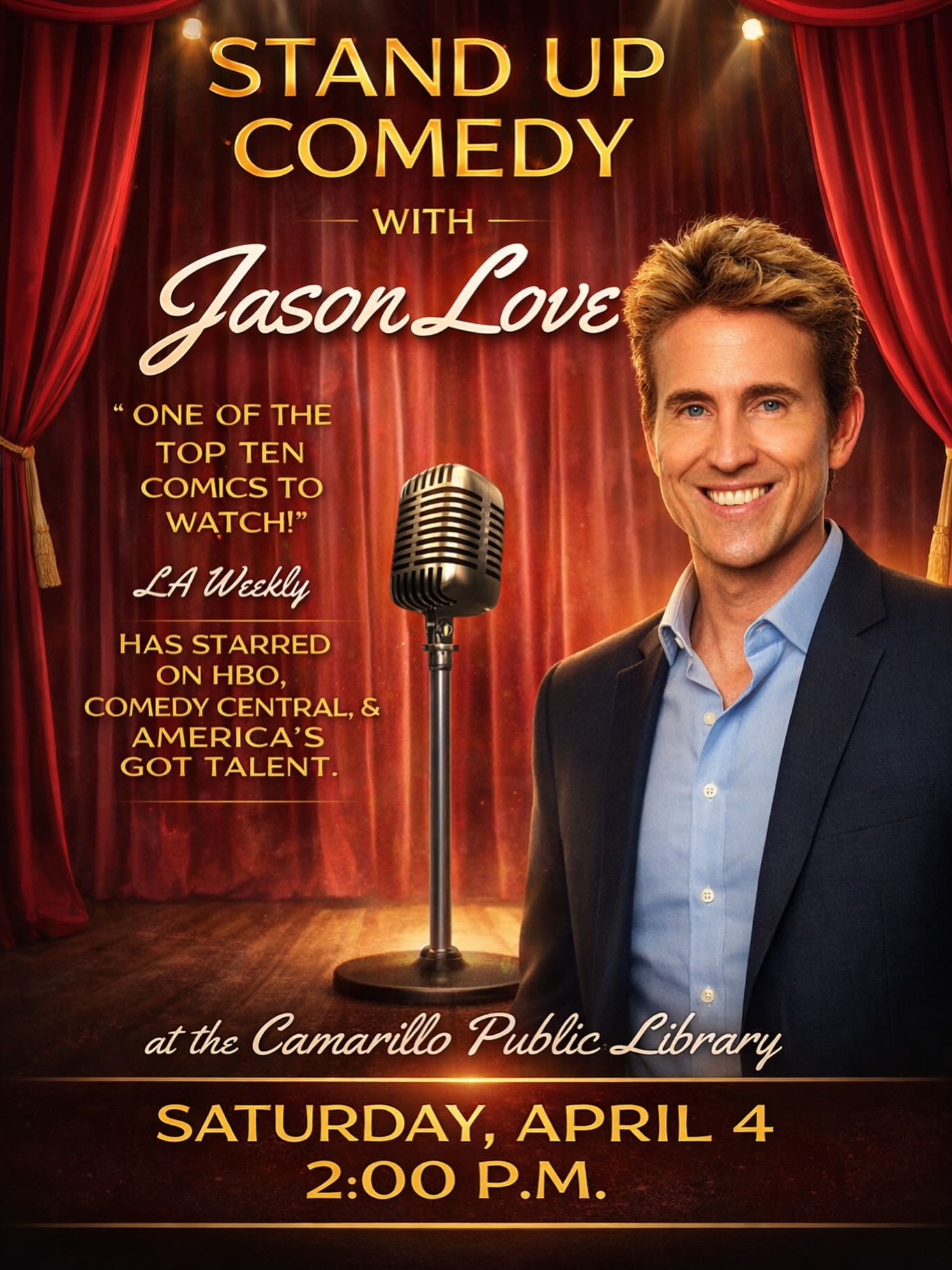 This is not to be missed. Saturday, April 4th Camarillo Public Library at 2:00pm. @jasonlovecomedy #camarillolibrary #comedy #donate #read