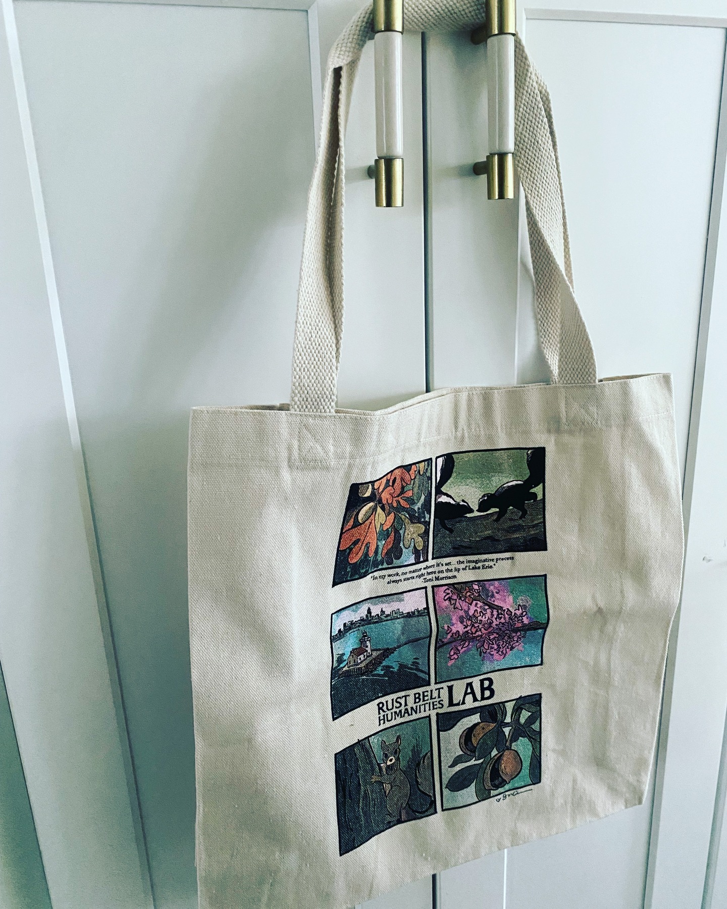 We just picked up our bags for our 4/17 Rust Belt Symposium @ursulinecollege from @ohiocityprint and they are amazing! (Featuring art by the incredible @sinagrace.) Check out the photos of their studio space. We love the call to "make things with your hands." Our symposium is officially sold out but please email katharine.trostel@ursuline.edu if you'd like to be added to the waitlist. We have an incredible lineup of makers, poets, thinkers, and scholars who will guide us as we consider what it means to imagine and co-create a regenerative Rust Belt!