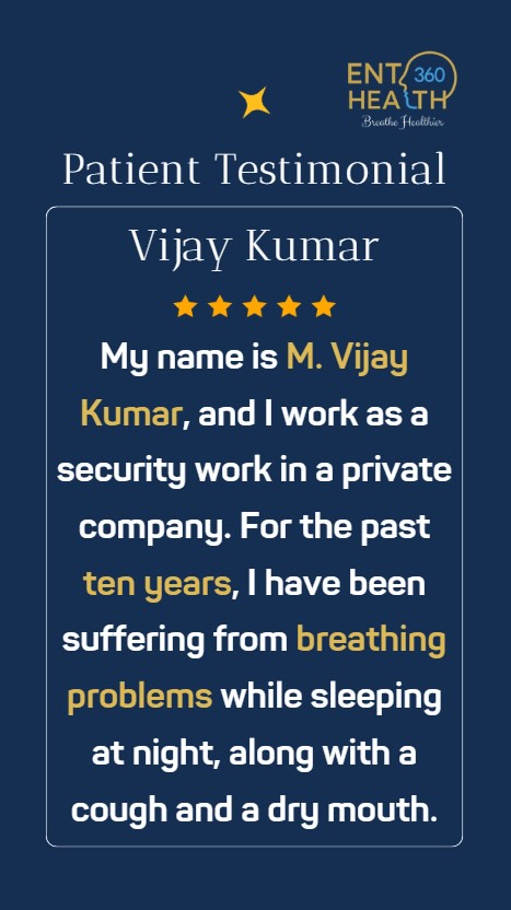 Why do I snore loudly at night, wake up with a dry mouth, and feel sleepy during the day even after sleeping?
These may be signs of chronic snoring or a sleep-related breathing problem, not just tiredness.
What is chronic snoring?
Chronic snoring is long-term snoring caused by blocked airflow through the nose, throat, or upper airway during sleep. It is often linked to mouth breathing, nasal blockage, poor sleep, and breathing difficulty at night.
Common symptoms include:
• Loud snoring
• Dry mouth on waking
• Night-time cough
• Poor sleep quality
• Morning tiredness
• Daytime sleepiness
• Difficulty staying awake while sitting, talking, or driving
Can chronic snoring affect daily life?
Yes. It can affect sleep quality, safety, confidence, work performance, and overall health.
This was the experience of Mr. M. Vijay Kumar, who suffered for nearly 10 years with breathing difficulty during sleep, snoring, cough, dry mouth, and excessive daytime sleepiness. His condition became so severe that he would fall asleep while riding his bike or even while talking. Because of his snoring, he also avoided visiting relatives’ homes.
After consulting many doctors without relief, he met Dr. Prashanth R. Reddy, ENT & Endoscopic Sinus Surgeon in Bangalore, who identified the root cause and treated it with surgery.
The result?
He experienced major relief in his breathing and sleep, felt much better in daily life, and also reported significant weight loss after treatment.
If you have long-term snoring or daytime sleepiness, get evaluated.
📍 Serving Patients Across Bangalore
Patients visit from across Bangalore, including:
HSR Layout | Koramangala | Sarjapur Road | Bellandur | BTM Layout | Indiranagar | Whitefield | Electronic City | Marathahalli | Outer Ring Road (ORR)
📞 Contact for Consultation:
WhatsApp or Call: +91 821 788 4802
🌐 Website: enthealth360.com
📺 YouTube: youtube.com/@ENTHealth
👨⚕️ Dr. Prashanth R. Reddy
ENT & Endoscopic Sinus Surgeon
📍 HSR Layout
🕐 11:00 – 13:00 | 14:00 – 16:00 (Mon–Sat)
📍 Koramangala
🕐 17:00 – 19:00 (Mon–Sat) | 11:00 – 13:00 (Sun)
#DrPrashanthReddy #SnoringTreatment #ENTSpecialistBangalore #SleepBreathingProblems