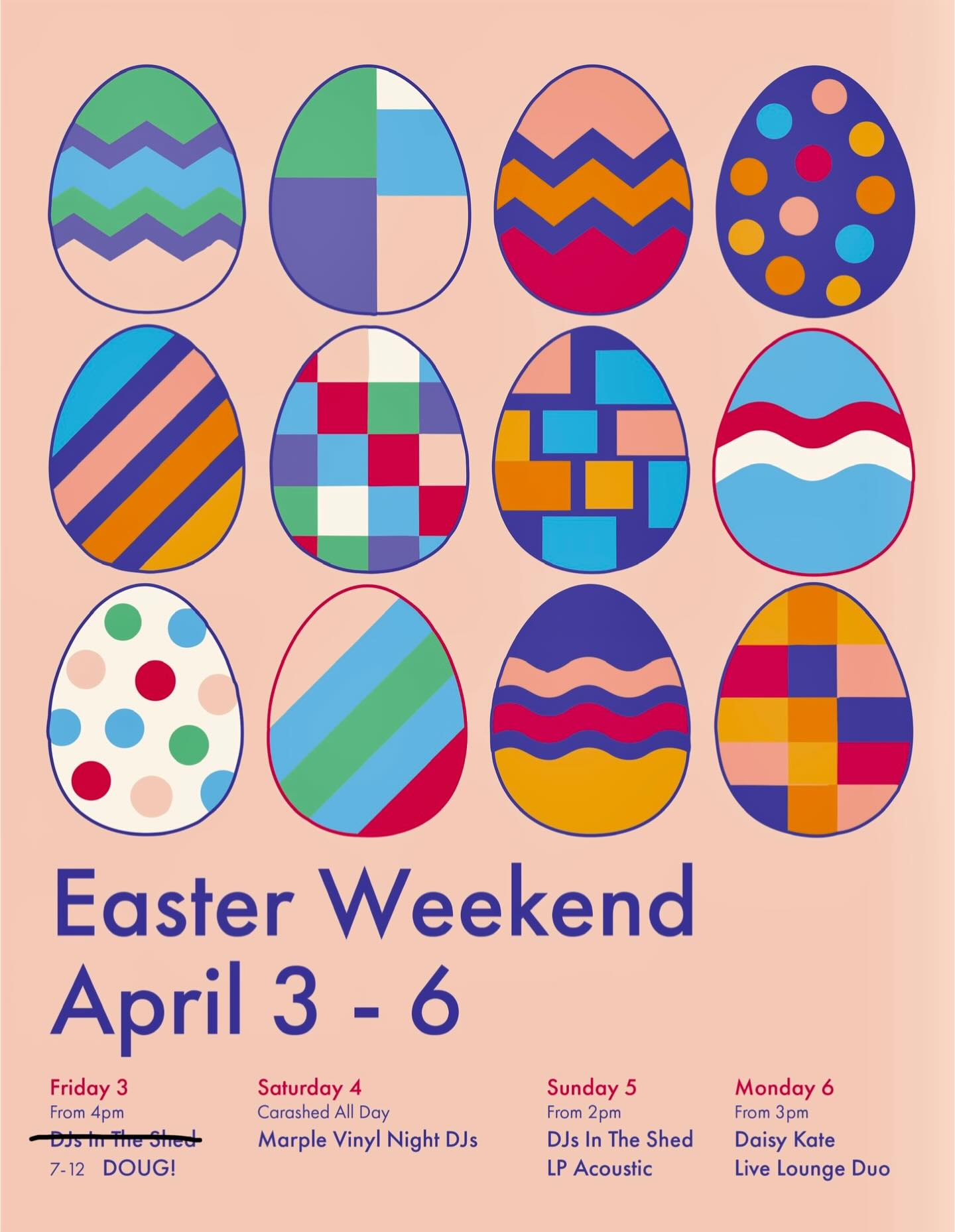 Easter weekend starts tomorrow with DOUG! @hertzington from 7pm. We’ve decided to cancel the DJs in the shed Friday afternoon as the weather doesn’t look great. However it is set to improve moving forwards! 🌞
Perfect for the all day session from the @marplevinylnight crew on Saturday.
Then it’s great music from @lpacoustic on the Sunday with DJs before and after.
Then @liveloungetrio and @daisykatemusic to round up what will be a most eggcellent weekend 🥚 🍳 🪺