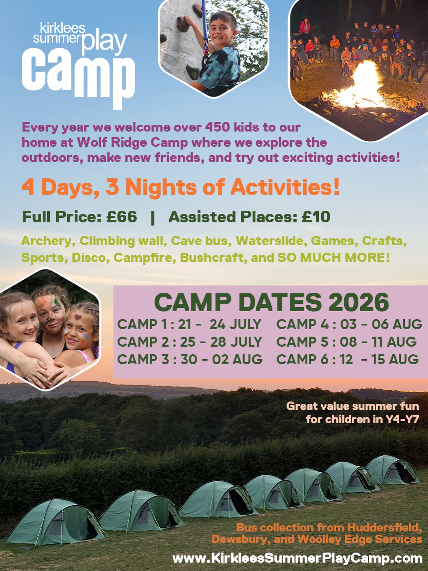 Get your summer plans sorted this bank holiday… ✨⛺
If you’re thinking about summer for the kids, now’s the perfect time to get it locked in.
Kirklees Summer Play Camp offers four days and three nights of outdoor adventure — packed with activities like climbing, archery, waterslides, crafts, campfires and more. It’s a chance for children to make new friends, build confidence and enjoy a proper break from screens 💛
All places at Camp are subsidised through our charity funding, helping us keep it accessible and affordable for families.
📍 Near Woolley Edge, West Yorkshire
🚌 Bus collection from Huddersfield, Dewsbury & Woolley Edge Services
👧 For children in Years 4–7
💷 Full price: £66 | Assisted places: £10
🏕 Six camps running across the summer
Bookings are now open and places are filling quickly 👀
👉 kirkleessummerplaycamp.com