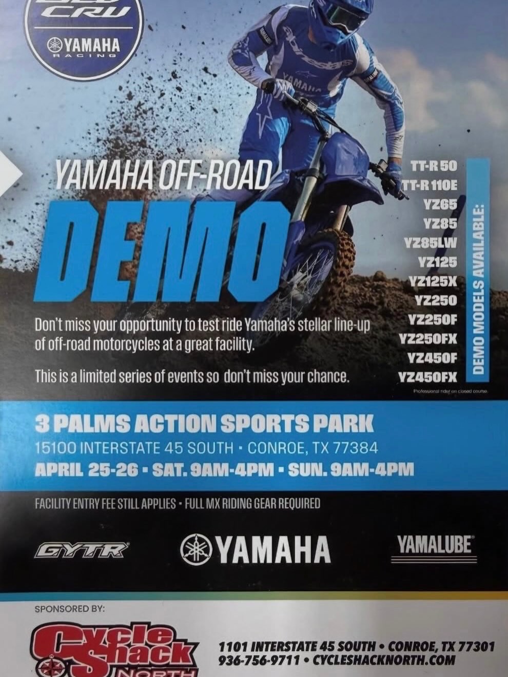 Today is Saturday April 25th it is Yamaha Ride Day!! We will be open from 10:00 am to 4:00 pm. All tracks have been prepped and are ready to go. The woods track will be Yamaha demos ONLY, no general practice!
👀As always, TAKE YOUR SITE LAP every time you get onto the track. 👀
⛔️WARNING ⚠️ TEXAS LAW⚠️
(CHAPTER 75 E, PRACTICE AND REMEDIES CODE) LIMITS THE LIABILITY OF A MOTORIZED OFF-ROAD VEHICLE ENTITY FOR INJURIES OR DEATH OF A MOTORIZED OFF-ROAD VEHICLE ACTIVITY PARTICIPANT RESULTING FROM A MOTORIZED OFF-ROAD VEHICLE ACTIVITY.
🛑Our sport is an exhilarating sport and this sport is NOT for everyone; with that being said please note actions sports including motocross is a DANGEROUS SPORT. When you sign in to watch and / or participate you are acknowledging the risk and assuming full responsibility of bodily injury, death, and property damage. If you are not comfortable with this AGREEMENT please refrain from entering our facility and refrain from participating in any events including practice and / or spectating. Please feel free to express any concerns you may have at the main office as you are exiting the park. 🛑
🚨Our social media post serve as a disclaimer, please read and be informed.🚨 (Instagram users please refer to FB for the entire message).