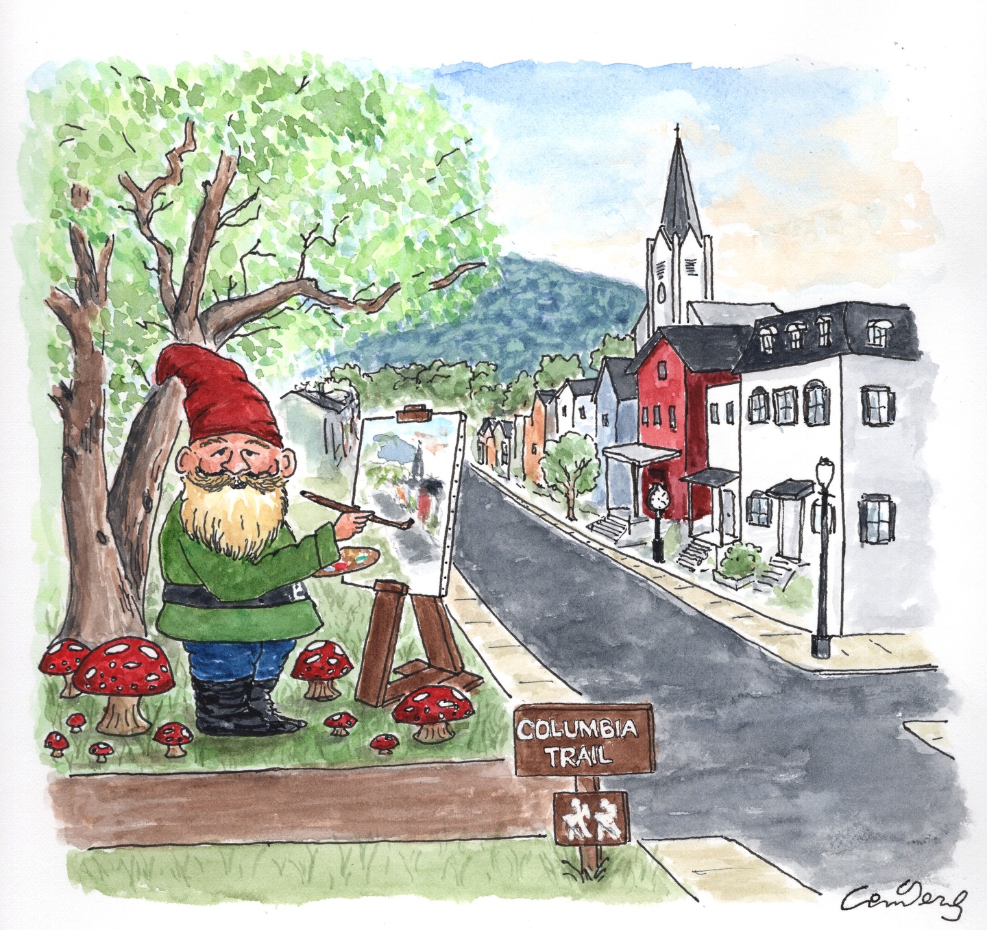 Here’s “Art” the artist gnome at his familiar spot - where the Columbia trail meets Main Street in High Bridge NJ.
This is a watercolor I painted for the “Art Around High Bridge” experience happening this April 11-26th.
Art and his gnome friends are going to be featured in many ways for the event. Check out more below.
@hbgroundsforart