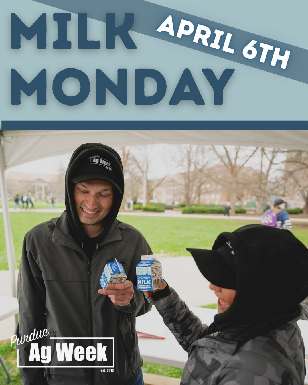 Ag Week 2026 is almost here, and we’re excited to see you at Milk Monday! 🥛🧀
-
Join us on Memorial Mall from 10:00 a.m. – 3:00 p.m. to grab a grilled cheese, enjoy some ice cream, and learn all about the dairy industry!
-
Keep the energy going and stop by Raising Cane’s from 4:00-9:00 p.m. to support Purdue Ag Week.
-
#agweek #milkmonday #educate #engage #inspire
