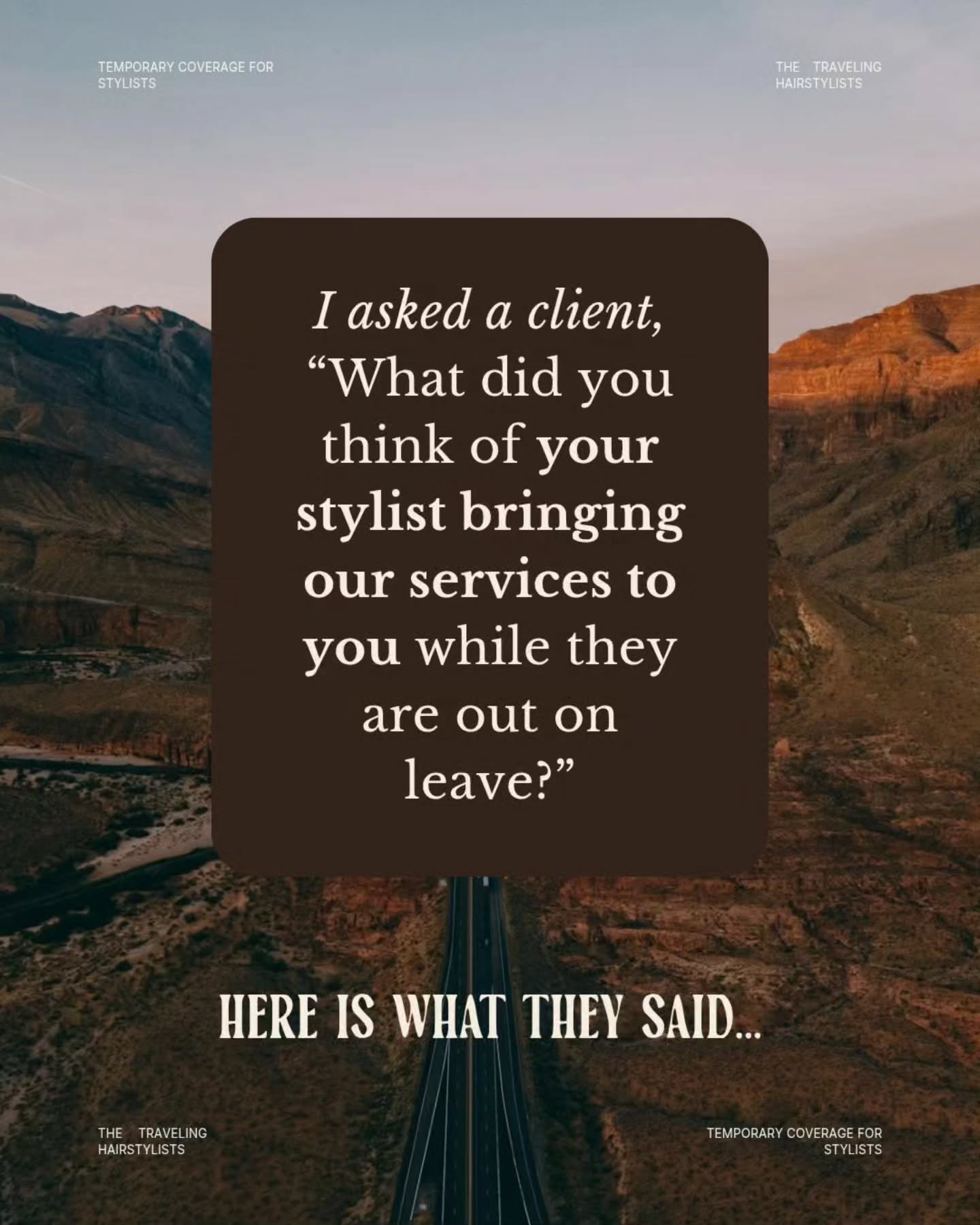 Our services of caring for the clients of the stylists going on a leave is the biggest way to nurture that clientele indirectly.
Your clients continue to see you and trust you, so making sure to set them up while you are away is important. Setting them up with services like ours gives them as much of an extension of you as possible because of how adaptable we become to your business.
And just like this client said, it gives you the peace of mind to have 1 stylist caring for them in the same place they already know and love because we travel directly to your space.
It's also so fun to see how clients get excited to learn more about how we do what we do😁
DM us with any questions you might have!