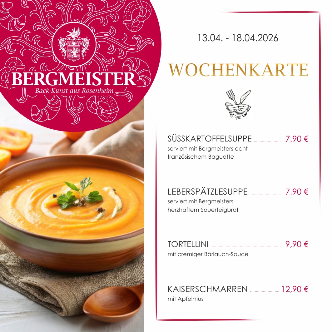 Hey liebe Foodies! 🌟
Die neue Wochenkarte im Café BERGMEISTER ist da und die hat es echt in sich! Für eure Mittagspause gibt’s vier mega leckere Schmankerl zur Auswahl:
🍠 Süßkartoffelsuppe mit frischem französischem Baguette – perfekt für den kleinen Hunger!
🥄 Herzhaft & traditionell: Leberspätzlesuppe mit knusprigem Sauerteigbrot.
🍝 Cremig und aromatisch: Tortellini in würziger Bärlauch-Sauce.
🍏 Und zum süßen Abschluss: Kaiserschmarren mit hausgemachtem Apfelmus – einfach zum Reinlegen!
Kommt vorbei, gönnt euch was Leckeres und genießt eure Pause in bester Atmosphäre.
Wir freuen uns auf euch! 💛
Euer Team vom Café BERGMEISTER
#cafébergmeister #bergmeister #Leckereien #Schmankerl #FoodieHeaven #LeckerEssen #EssenWieBeiMama #herzhaft #süßkartoffelsuppe #leberspätzlesuppe #tortellinimitbärlauch #kaiserschmarren #mittagspause #lunchbreak #maxjosefsplatzrosenheim #rosenheim #pause #mittagessen #frischeküche #wochenkarte