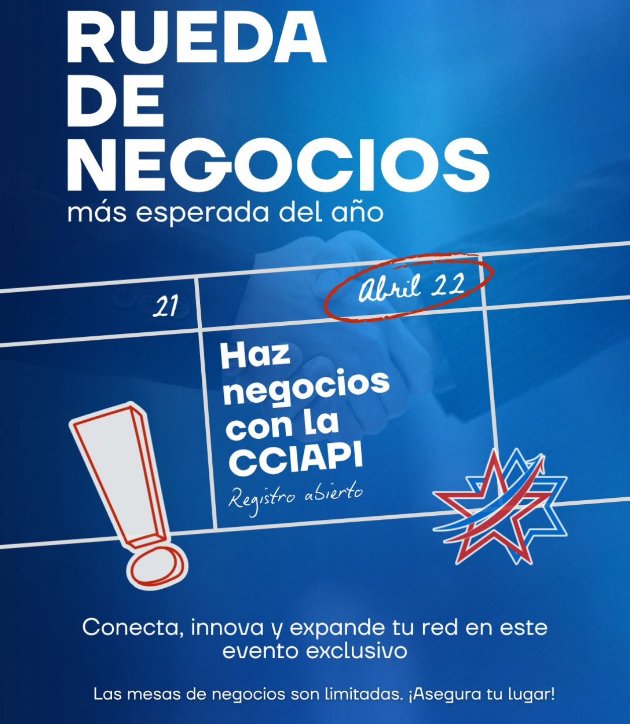 No te pierdas esta oportunidad de participar en nuestra primera Rueda de Negocios de este 2026
Ven y "Haz negocios con la CCIAPI" 🤝
Conecta, innova y expande tu red de negocios a través de este evento exclusivo 📢
No dudes en entrar al link de nuestra biografía 👆 🔗 y asegurar tu mesa de Networking
¡Te esperamos!