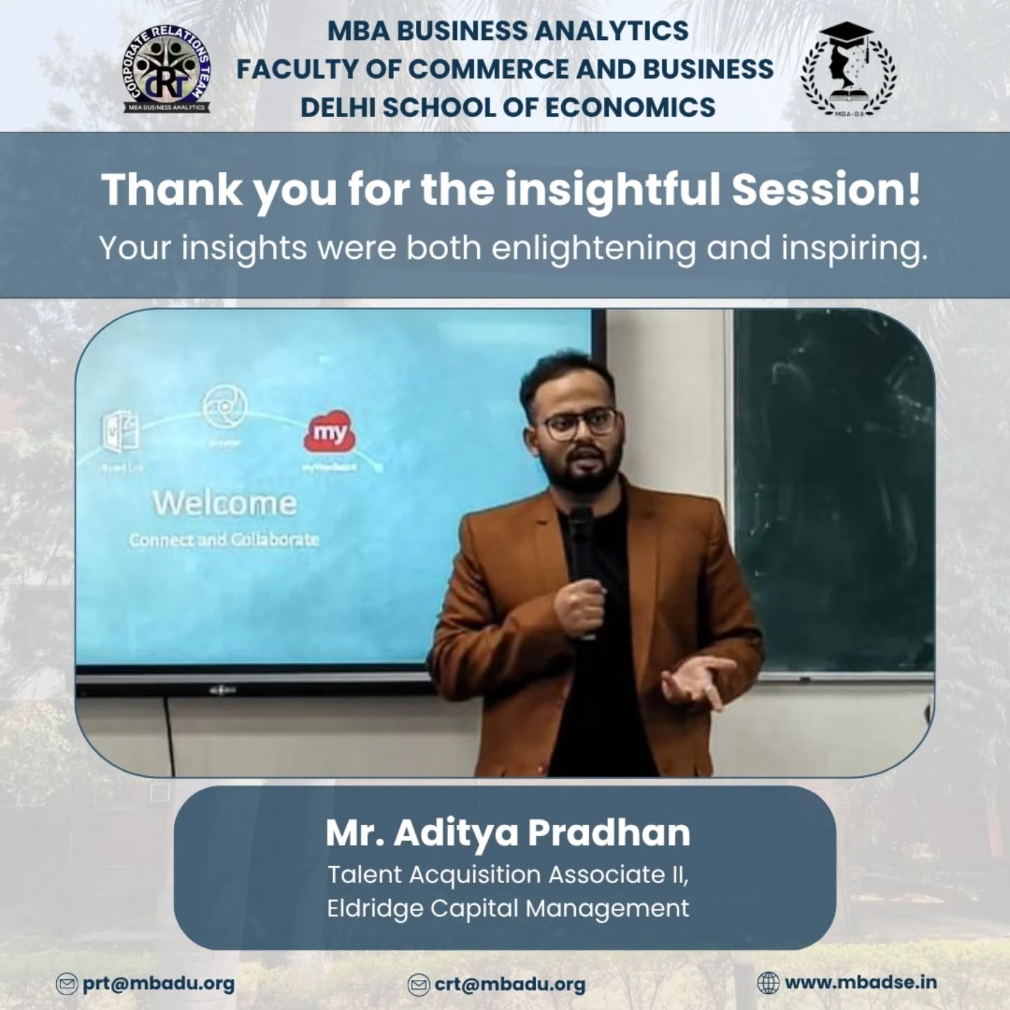 The MBA Business Analytics cohort at the Faculty of Commerce and Business, Department of Commerce, Delhi School of Economics extends its sincere gratitude to Aditya Pradhan for delivering an insightful and engaging session on “Understanding the Hiring Process: Insights from an HR Expert.”
Through a practical and experience-driven approach, the session offered a deep dive into the hiring journey, from CV shortlisting and HR screening rounds to technical interviews and final selection. Emphasizing that hiring is inherently comparative, he highlighted the importance of presenting one’s profile with clarity, relevance, and impact.
He encouraged students to use goal-oriented language in their CVs, focus on the impact they have created, and effectively showcase their strengths through examples from personal and professional experiences. He also stressed the importance of projects, certifications, and thoroughly understanding the job description before applying.
The session further underscored the value of leadership, teamwork, communication, and interpersonal skills, along with clearly articulating one’s contribution to a team. His emphasis on honesty, cultural fit, and delivering structured answers during interviews provided a realistic perspective on what truly differentiates candidates.
We sincerely thank Aditya Pradhan for sharing his expertise and equipping our cohort with practical insights to navigate the hiring process with confidence and clarity.
#HiringProcess #HRInsights #BusinessAnalytics #CareerReadiness #FutureLeaders