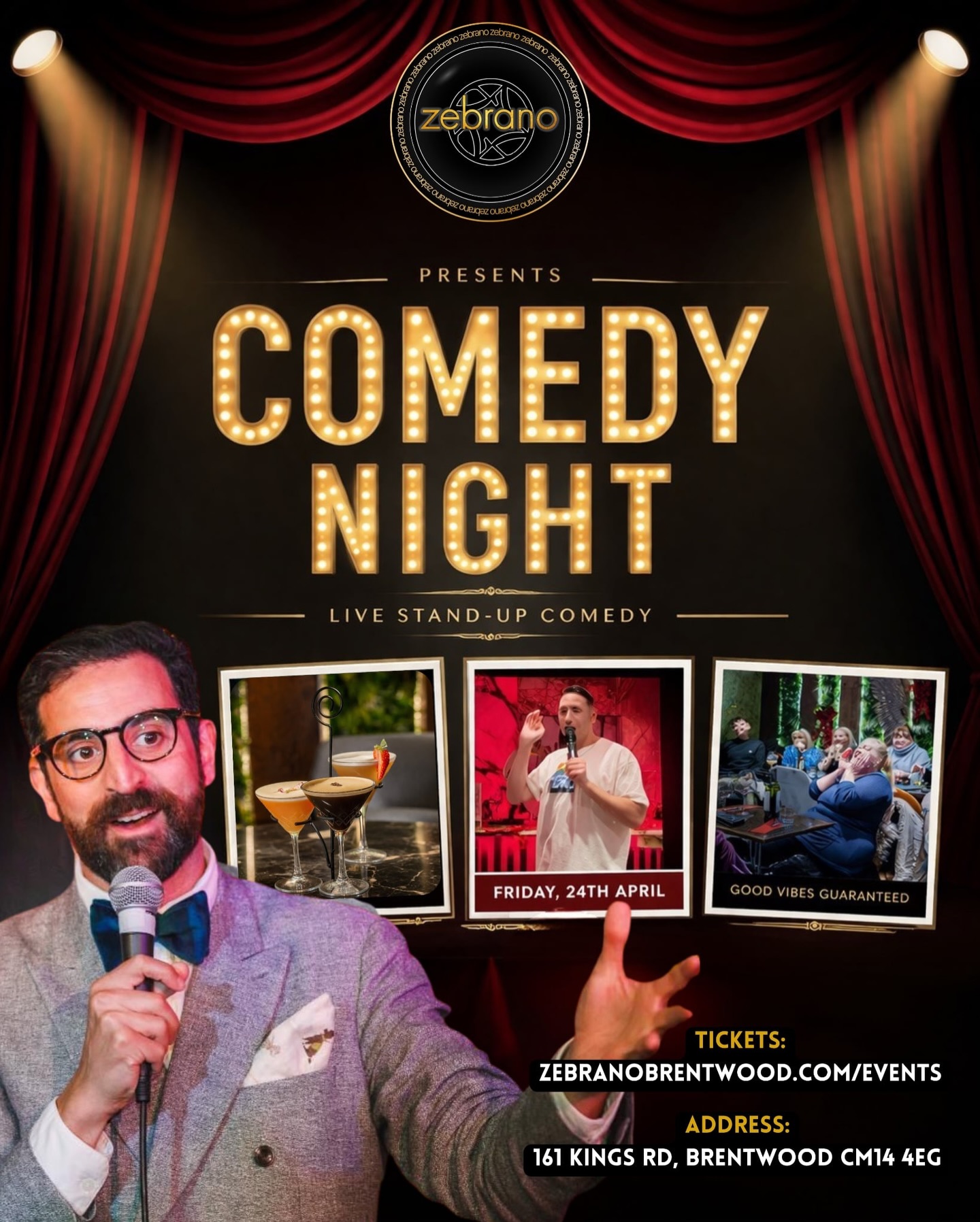Comedy Night – 24th April! 🍸🍺 @bignosecomedy
Get your friends together for a night full of laughs, great vibes, and your favourite cocktails or pints 🥂🍹
Stick around after the show as the night continues with our DJ keeping the party going until 2AM! 💃🕺
Book your tickets now and make it a night to remember! 🎟️
🔗zebranobrentwood.com/events
#comedynightlive #comedynightout #comedyspecial