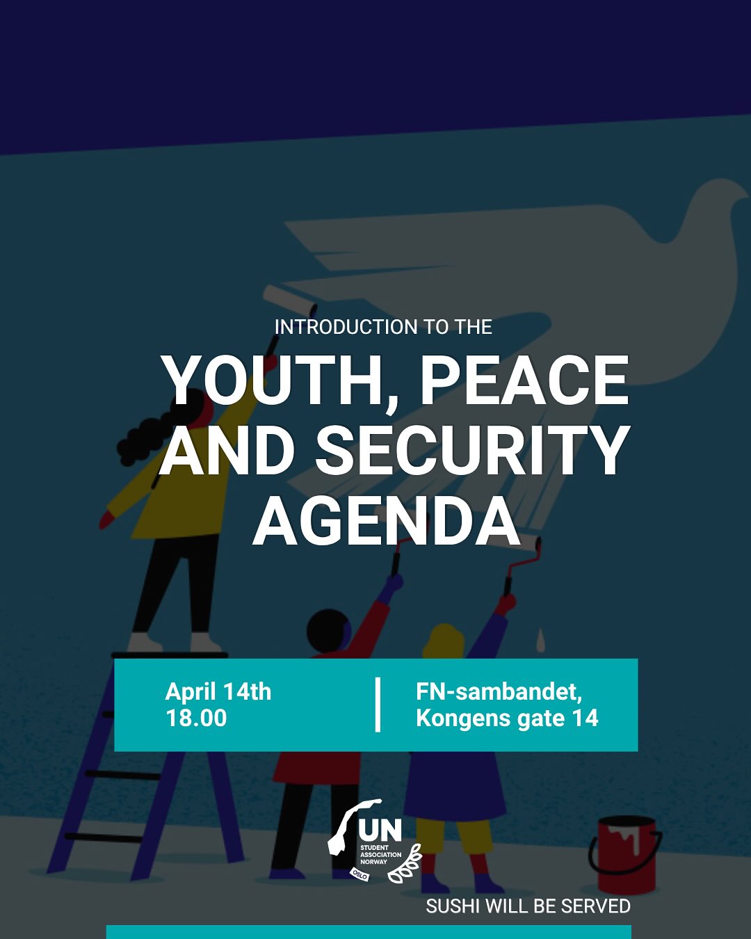 Introduction to the Youth, peace and security agenda 🕊️
The world is facing increasing instability, and now more than ever, we need peacebuilders.
Join us for an introduction to Youth, Peace and Security (YPS), and gain insights into how you can contribute to decision making processes, and why Norway should develop its own national action plan 🤝
📍18.00, April 14th at FN-sambandet
Sushi and something to drink will be served 🍣
Read more and press attend on our Facebook page!