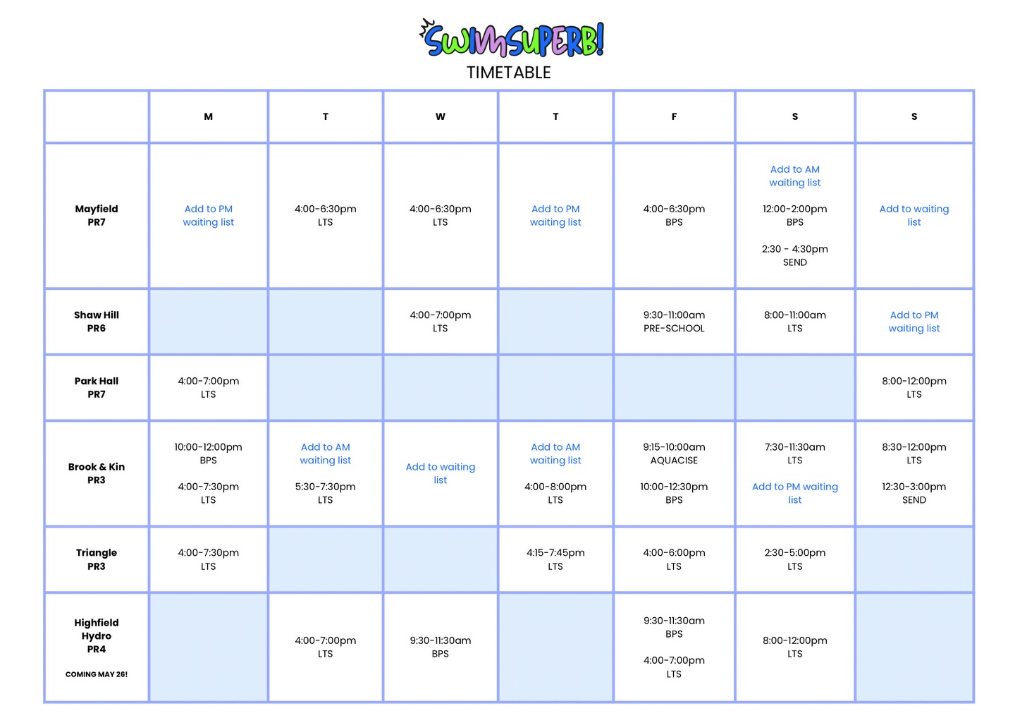 Have you ever wondered when and where we do our lessons?
Check out our timetable 🏊♀️
Want to know more?
📞 01257 443476
👩💻 www.swimsuperb.co.uk
BPS - Parent and child up to 4 years
LTS - Children aged 3 years plus
SEND - Special Educational Needs
Add to waiting list - Lessons coming soon!
#swimming #swimminglessons #swim