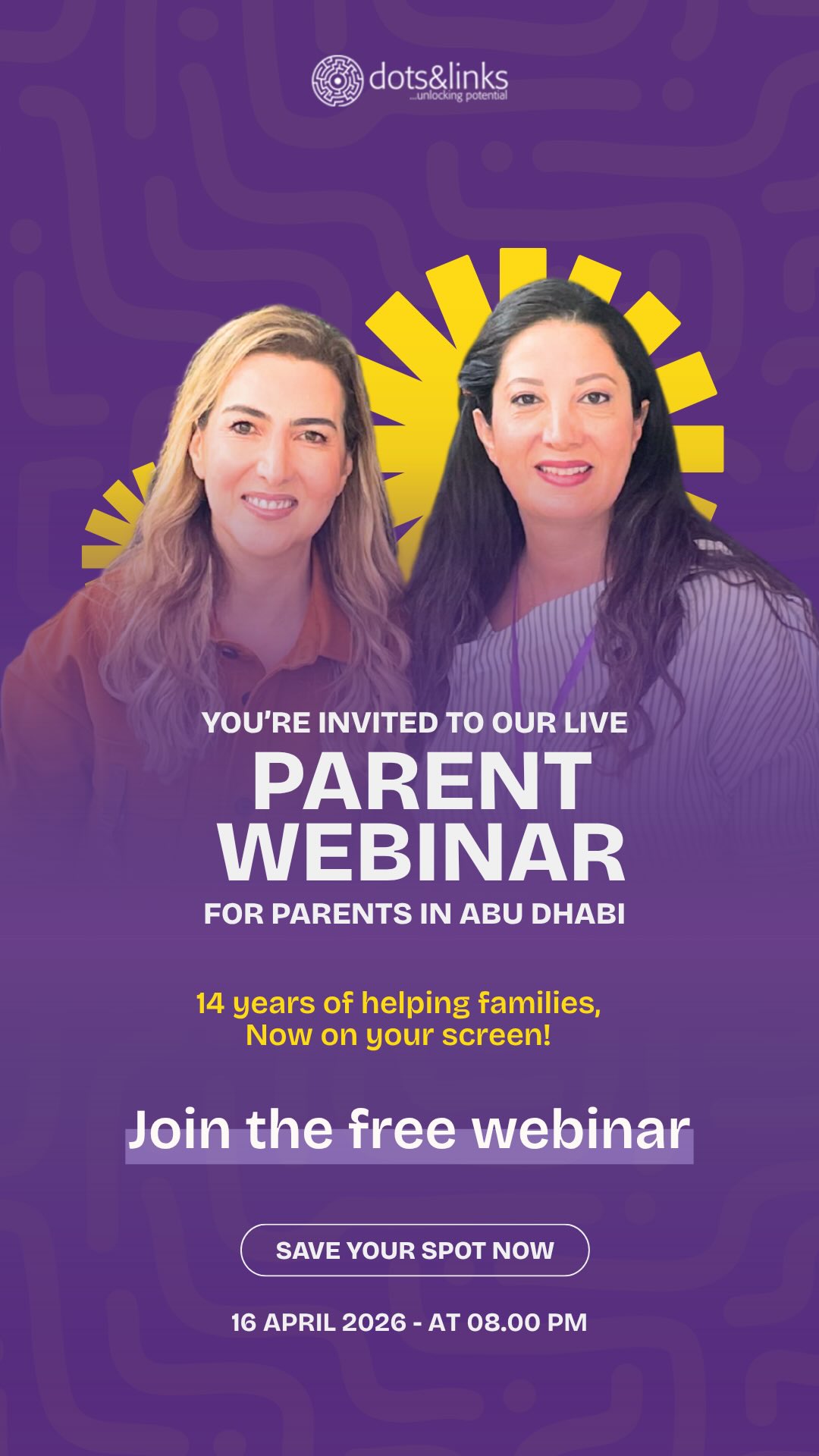 Join our FREE live webinar exclusively for parents in Abu Dhabi
and discover scientifically proven strategies to help your child thrive.
🗓️16 April 2026 at 08:00 PM
As a special thank you for attending, all guests will receive an exclusive 50% OFF our Cognitive Assessment for their child.
Limited spots are available!
Click the link in our bio to secure your free spot now!
#AbuDhabiParents #OnlineWebinar #ChildLearning #CognitiveSkills #FreeEvent #DotsAndLinks #ParentingSupport #AbuDhabi