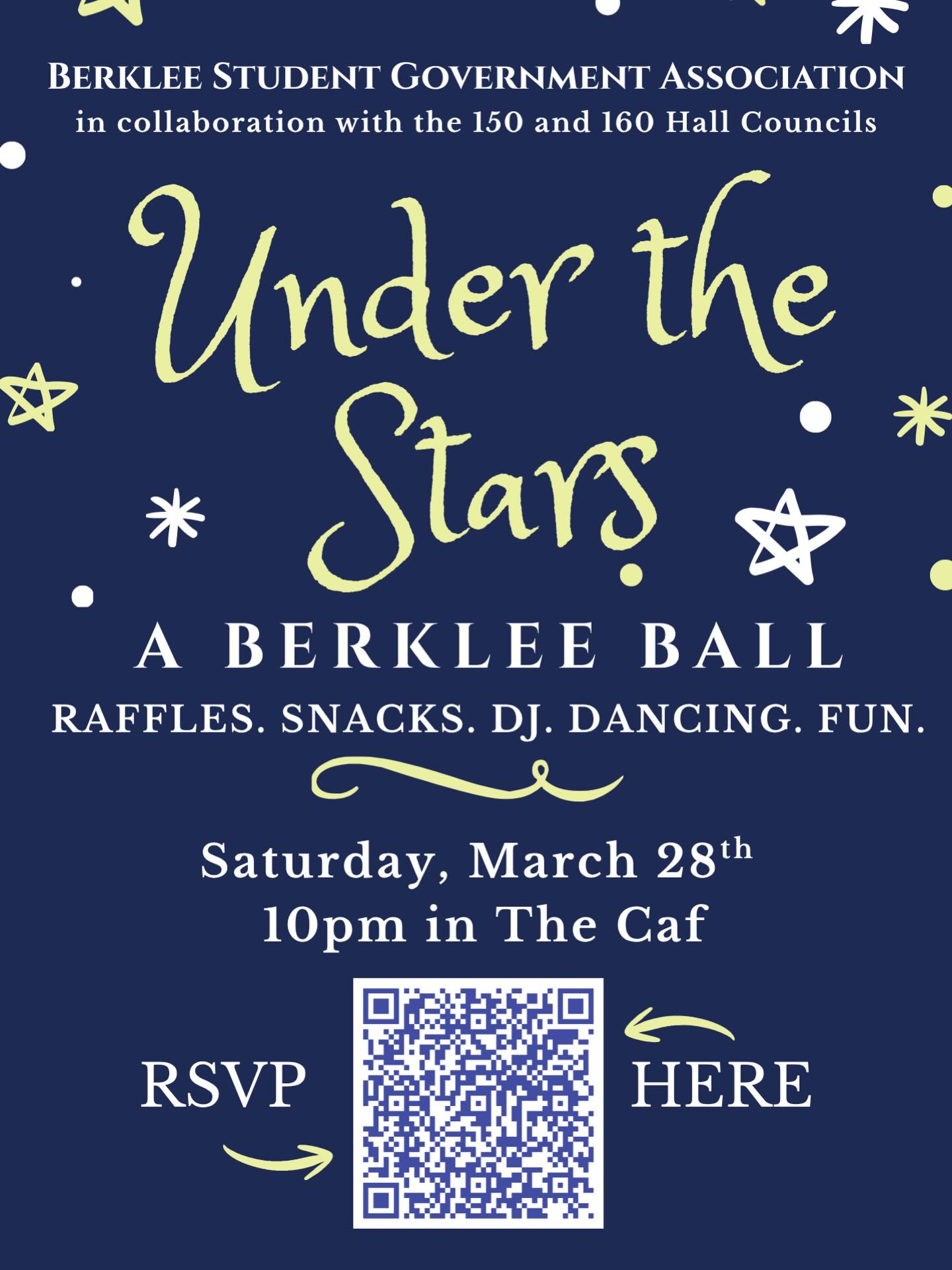 Dance the night away with us on Saturday, March 28th at this year’s Berklee Ball, Under The Stars! ⭐️
This event is completely FREE, just make sure you RSVP. The ball starts at 10pm, and there will be a DJ, bracelet-making, dancing, and some snacks. 🕺💃
Berklee SGA will also have some merch to give out, and you will receive a FREE RAFFLE TICKET at entry for the chance to win some prizes 🎟 🎟
There is only one rule: dress like a STAR! Whatever that may look like to you 😉 See you there!
#berkleesga #berkleeball