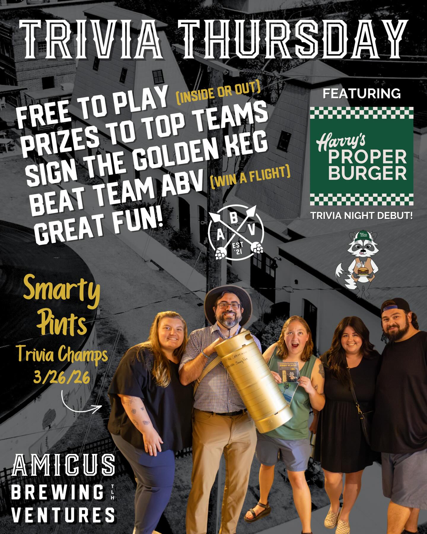 It’s a BIG Trivia Thursday at Amicus!💡 Not only are we back with incredible trivia from maestro John and the @tbdreamteam, but tonight marks the official Trivia Night debut of @harrysproperburger! 🍔🦝
Gather the squad and come hungry. We’ve got:
🧠 Free to Play: Join us inside the taproom or out in the beer garden. Great prizes on the line.
🏆 The Golden Keg: Win it all and your team’s name goes down in Amicus lore.
🏁 Beat Team ABV: If your score tops ours, you win a flight! (Fair warning: we’ve been studying 📚).
Trivia kicks off at 7:00 PM, but get here early to grab a spot and a Proper burger. See you tonight! 🍻