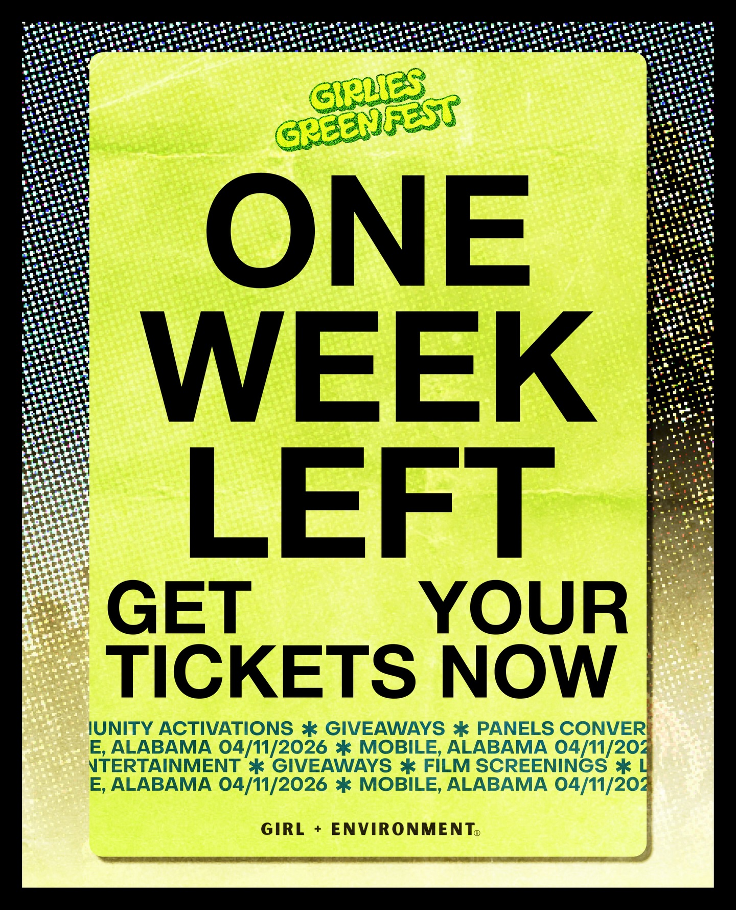 One week left and we are not playing. 🌿
Girlies Green Fest is April 11th in Mobile, Alabama — and tickets are going. We’ve got panels, community activations, giveaways, film screenings, and the kind of energy you only get when the girlies show up for real.
Get your tickets now → link in bio 💚
