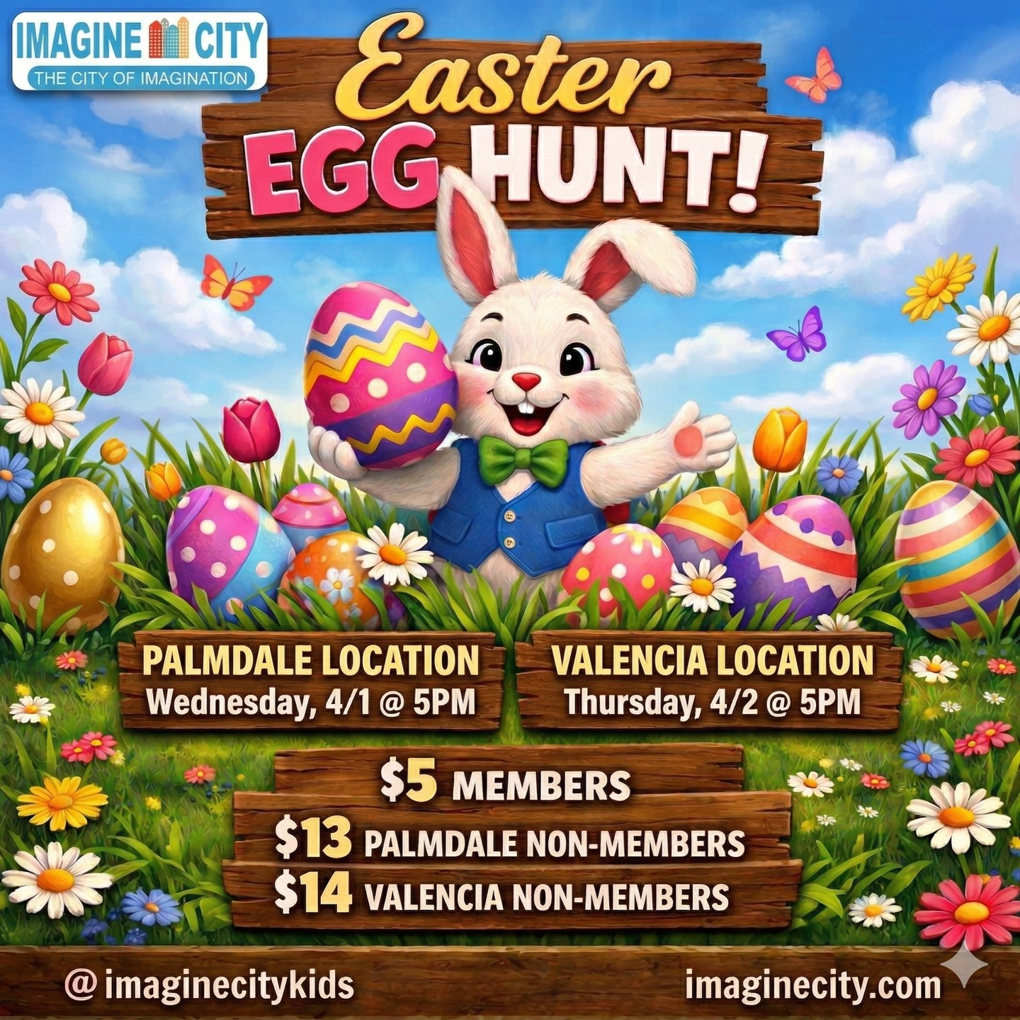 ๐ฐ๐ธ EASTER EGG HUNT IS HERE! ๐ธ๐ฐ
Get ready for an unforgettable adventure at Imagine City!
๐ฅ Easter eggs hidden ALL throughout our playhomes
๐ Each egg is filled with fun surprises & goodies!
๐ The hunt is just the beginningโฆ
โจ PLUS โ enjoy 1 FULL HOUR of OPEN PLAY after the event!
๐ PALMDALE
๐ Wednesday, April 1
โฐ 5:00 PM
๐ VALENCIA
๐ Thursday, April 2
โฐ 5:00 PM
๐ฒ Pricing
โญ Members: $5
๐ Palmdale Non-Members: $13
๐ Valencia Non-Members: $14
๐จโ๐ฉโ๐งโ๐ฆ Perfect for kids to explore, discover, and celebrate Easter in the most fun way possible!
โ ๏ธ Spots will fill fast โ donโt miss out!
๐ฒ @imaginecitykids
๐ imaginecity.com
Hashtags:
#ImagineCity #EasterEggHunt #KidsActivities #FamilyFun #SantaClaritaEvents #PalmdaleEvents #KidsFun #EasterFun #ThingsToDoWithKids #IndoorPlay #FamilyEvents #SpringFun