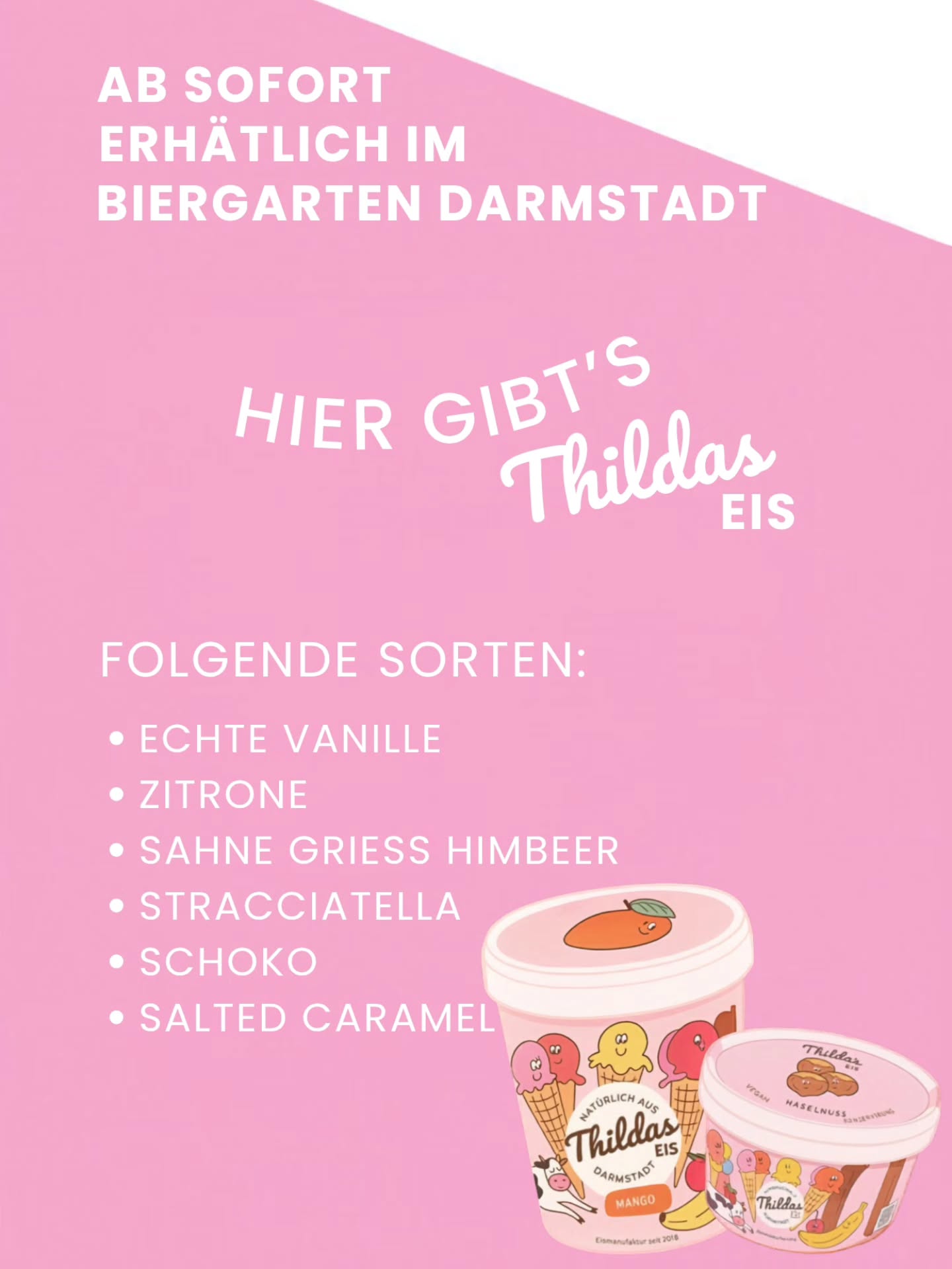 Neuigkeiten im Biergarten Darmstadt
Ab sofort bieten wir Eisbecher in verschiedenen Sorten von @thildaseis bei uns an.
Frei von Konservierungsstoffen, Emulgatoren, Geschmacksverstärker, Eier, Aroma und Farbstoffe.
Ist das nicht toll 😍
Lasst es euch schmecken 🫶🏼
#eis #biergartendarmstadt #darmstadt #lecker #2026