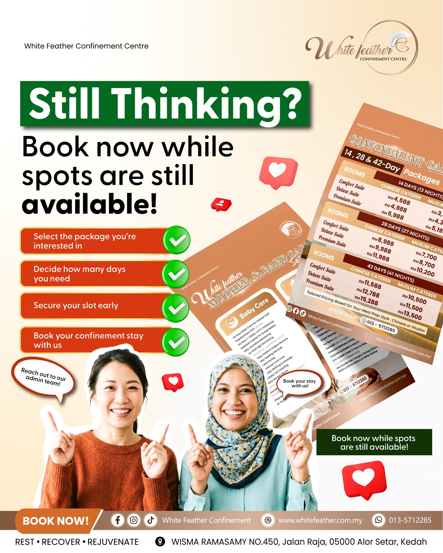 🌸 Still considering whether to stay for confinement? Take your time, but remember that your recovery deserves gentle care, comfort, and a peaceful space to rest after childbirth.
At White Feather, every detail is thoughtfully prepared so you can heal calmly and enjoy meaningful moments with your little one!
😍🧡
✨→Limited slots available, we recommend booking early
✨→A calm and comfortable environment for your recovery
✨→Professional care to support both mum and baby
✨→A gentle, stress-free confinement experience
#REST #RECOVERY #REJUVENATE
📌📲 For more information, contact us at 013-571 2285.
#PremiumConfinement #ConfinementAlorSetar #WhiteFeatherConfinementCentre #HealingwithWhiteFeather
#NurturingCare